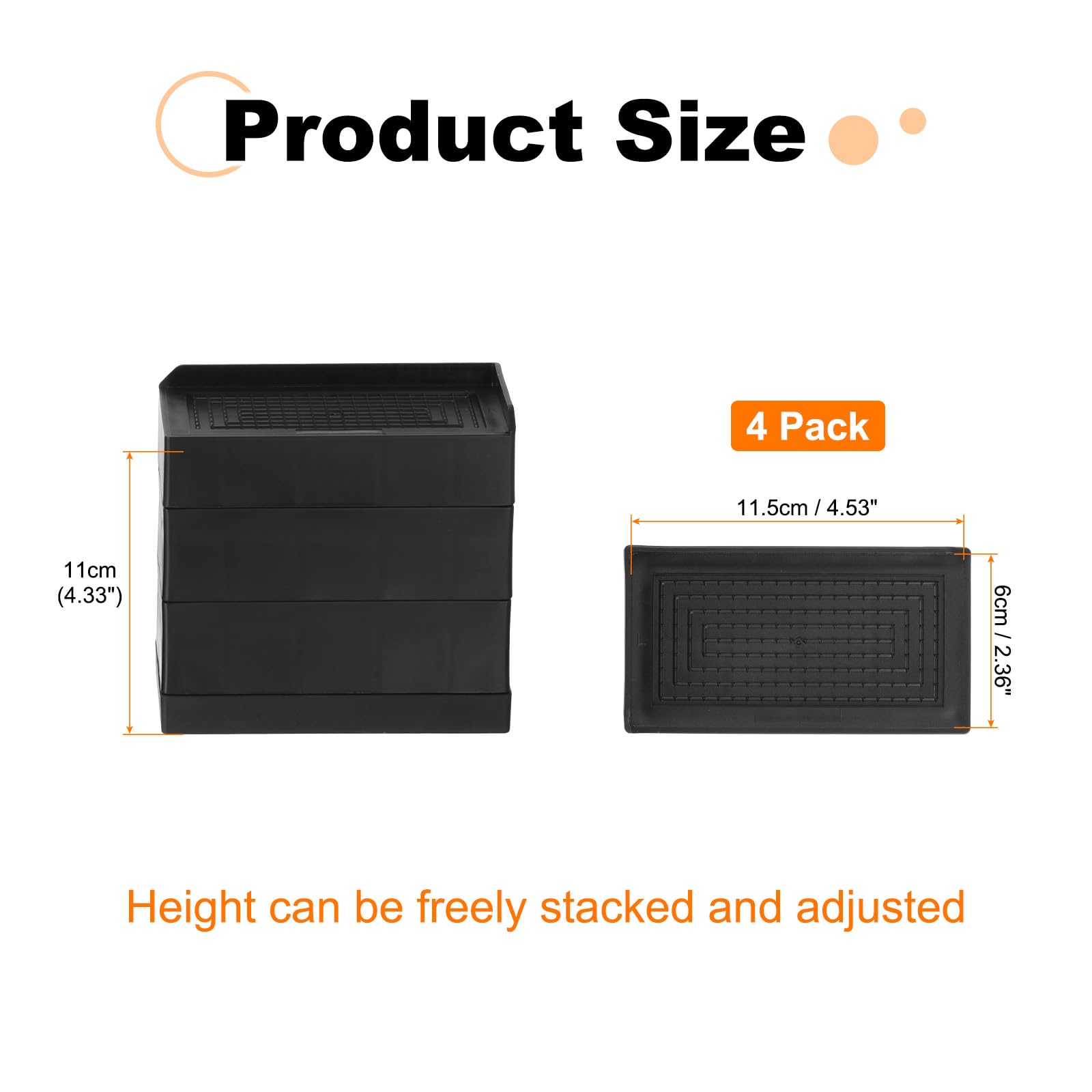 uxcell Paquete de 4 elevadores de cama rectangulares, 4.33 pulgadas, borde en L, resistentes, ajustables, para cama, sofá, mesa y elevador de sofá (negro)