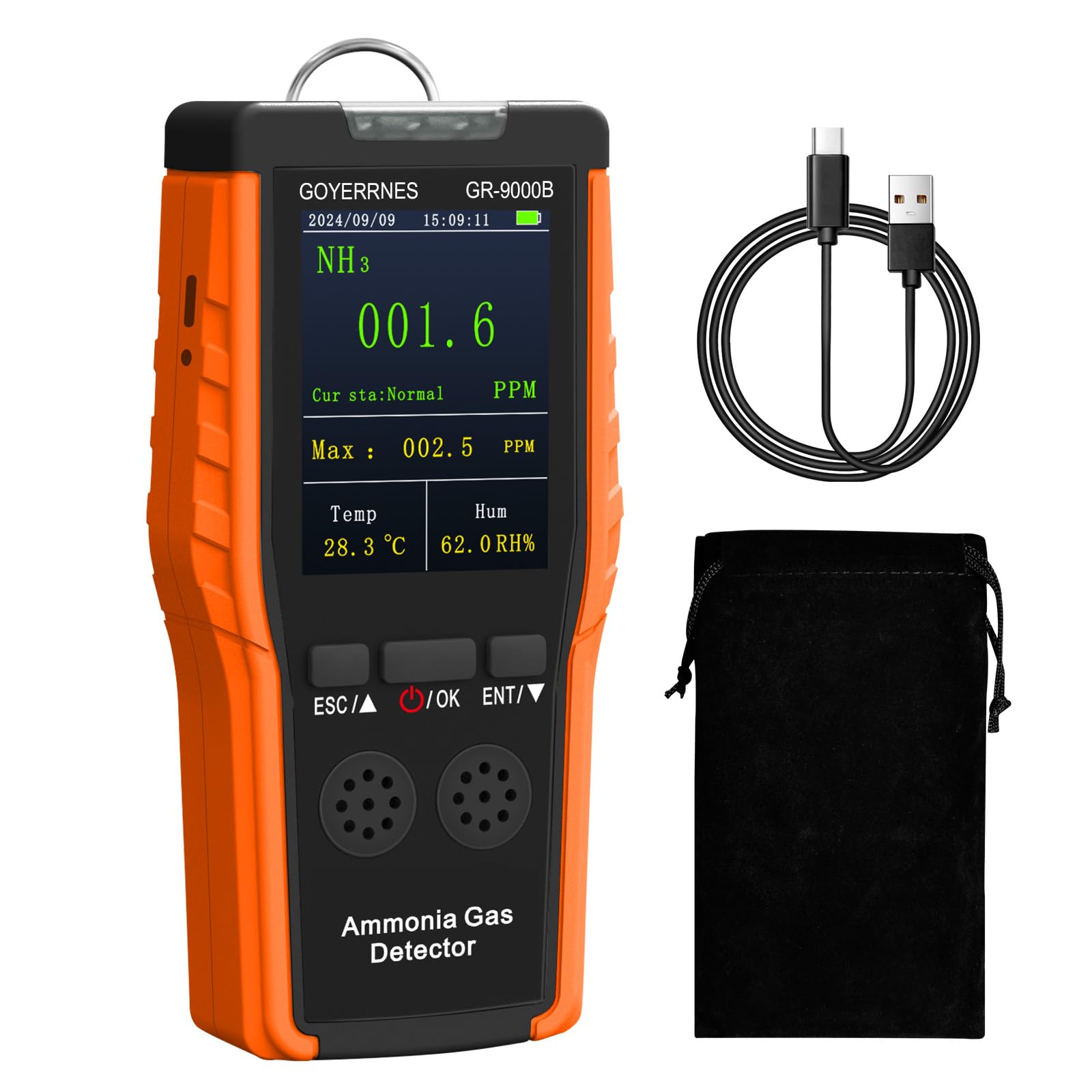 Ammoniak-Gasdetektor Tragbarer NH3 Gasdetektor mit Alarm Temperatur Luftfeuchtigkeit Digitaler Ammoniak-Dauerüberwachungssensor Bereich 0-100 PPM LCD-Bildschirm Wiederaufladbar Geeignet für Bauernhöfe