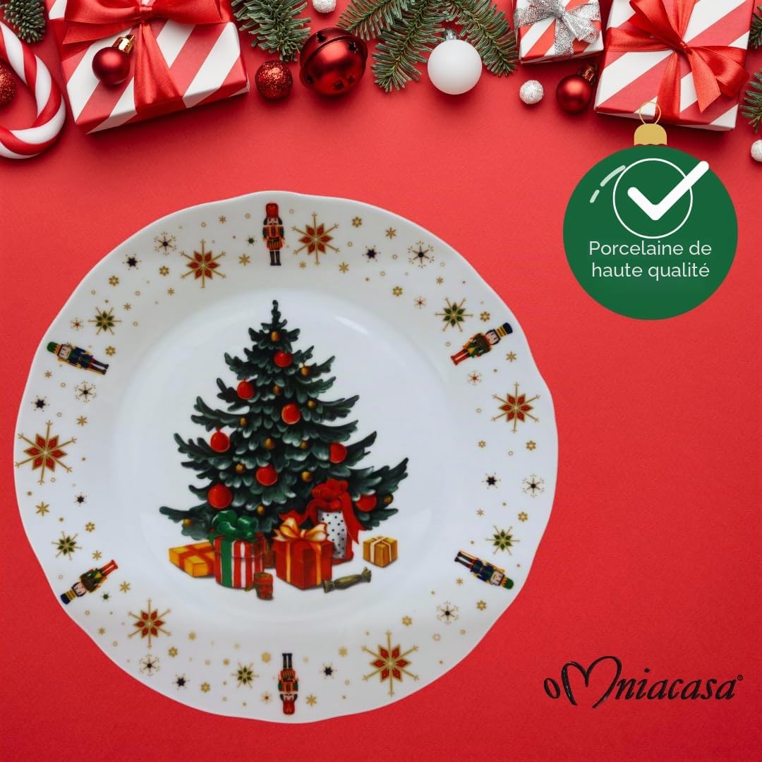 Service de Vaisselle de Noël en Porcelaine pour 6 Personnes avec Verres : 24 Pièces, Décorations avec Sapin de Noël Casse-Noix et Étoiles, Rouge et Blanc, Compatible Lave-Vaisselle et