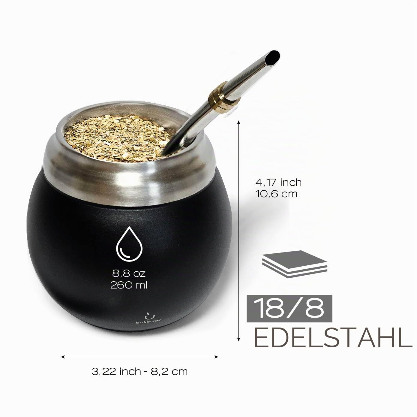 Yerba Mate Set - Modernes Yerba Mate Gourd Kit - Edelstahl mit Calabash Form und Bombilla - Einfach zu reinigen (Schwarz)