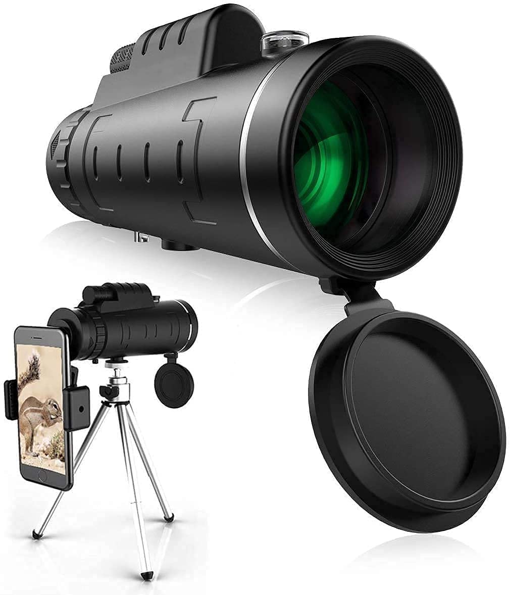 ZHIZUKA Monocular 40X60HD Zoom Magnification Telescope + Mobile Phone Mount + Tripod for Adults and Children. High Power, Bi-Focal, FMC Coating and BAK4 Prism Optical Lens Gadget. Moon, Bird Watching/ Wildlife Hunting/ Stargazing/ Outdoor Camping Hiking/ Live Concert.