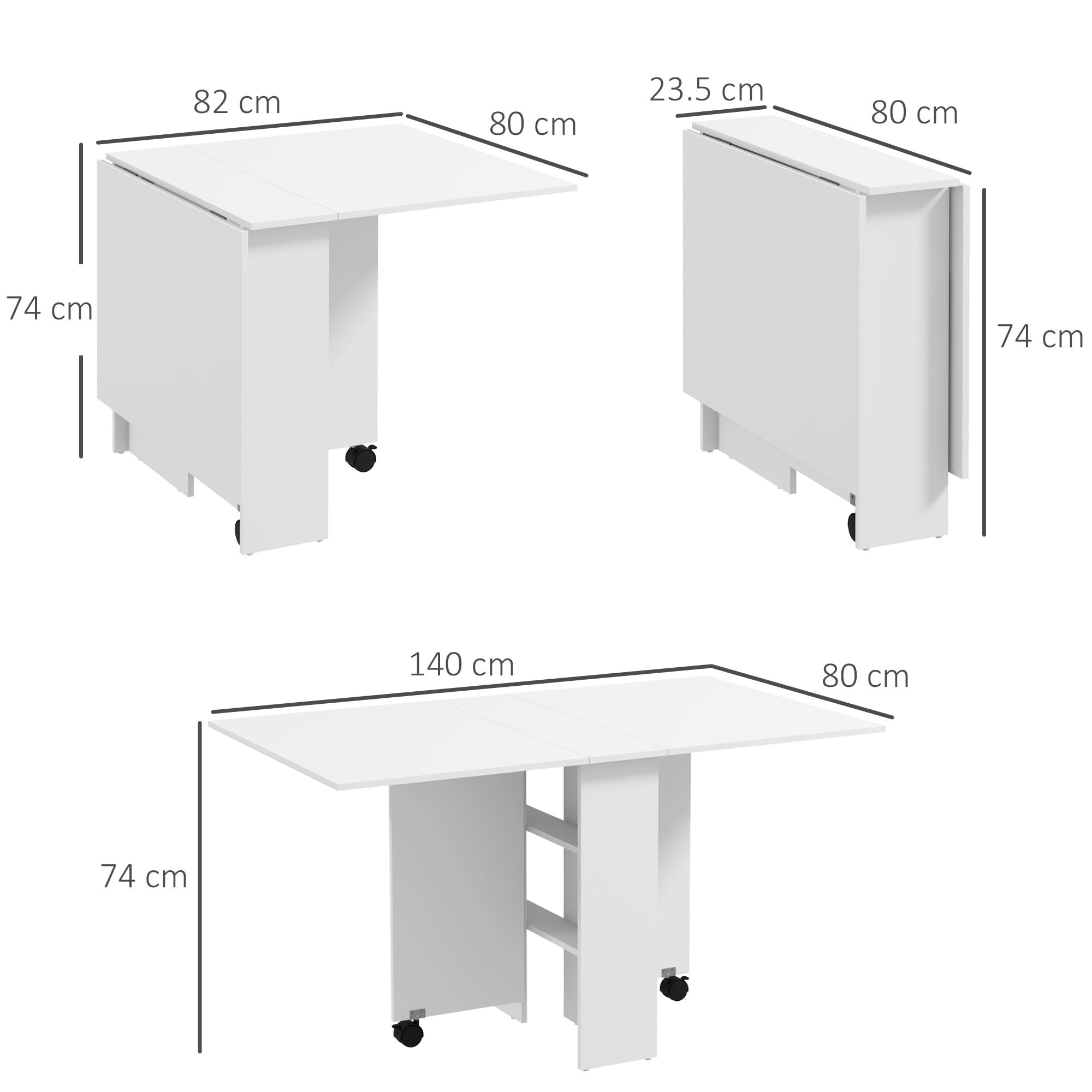 HOMCOM Tavolo da Pranzo Pieghevole, Tavolo Cucina a Ribalta con Ruote a Freno per 4-6 Persone, Scrivania Richiudibile con Ripiani, per Soggiorno, 140x80x74 cm, Bianco