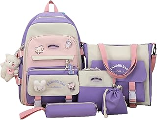 Mordelar 5Pcs Kawaii Cute Backpacks Combo Set with Bear Pendant & Pins - Back To School Supplies Patchwork Bunny Daypack Bag Kit (Purple)