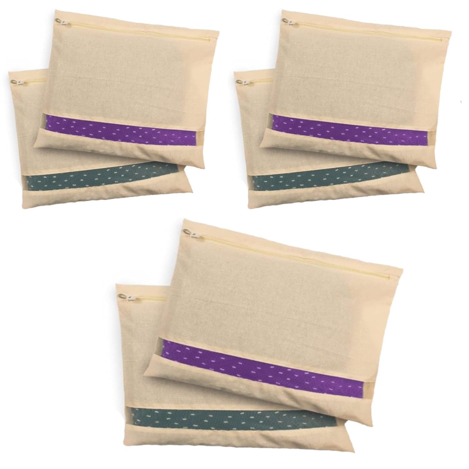 VEDANTIKA Cotton Saree Covers for Storage Pack of 6 Big Size 16×14 Inch Saree Bags with Zip Transparent Mesh Window Saree Organizer for Wardrobe Clothes Storage Bags - Beige