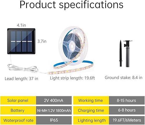 Miniatura 9 de Tira de luces solares LED para exteriores, impermeable, 20 pies, 180 LED, para exteriores, jardín, camino, cubierta, iluminación de Navidad,