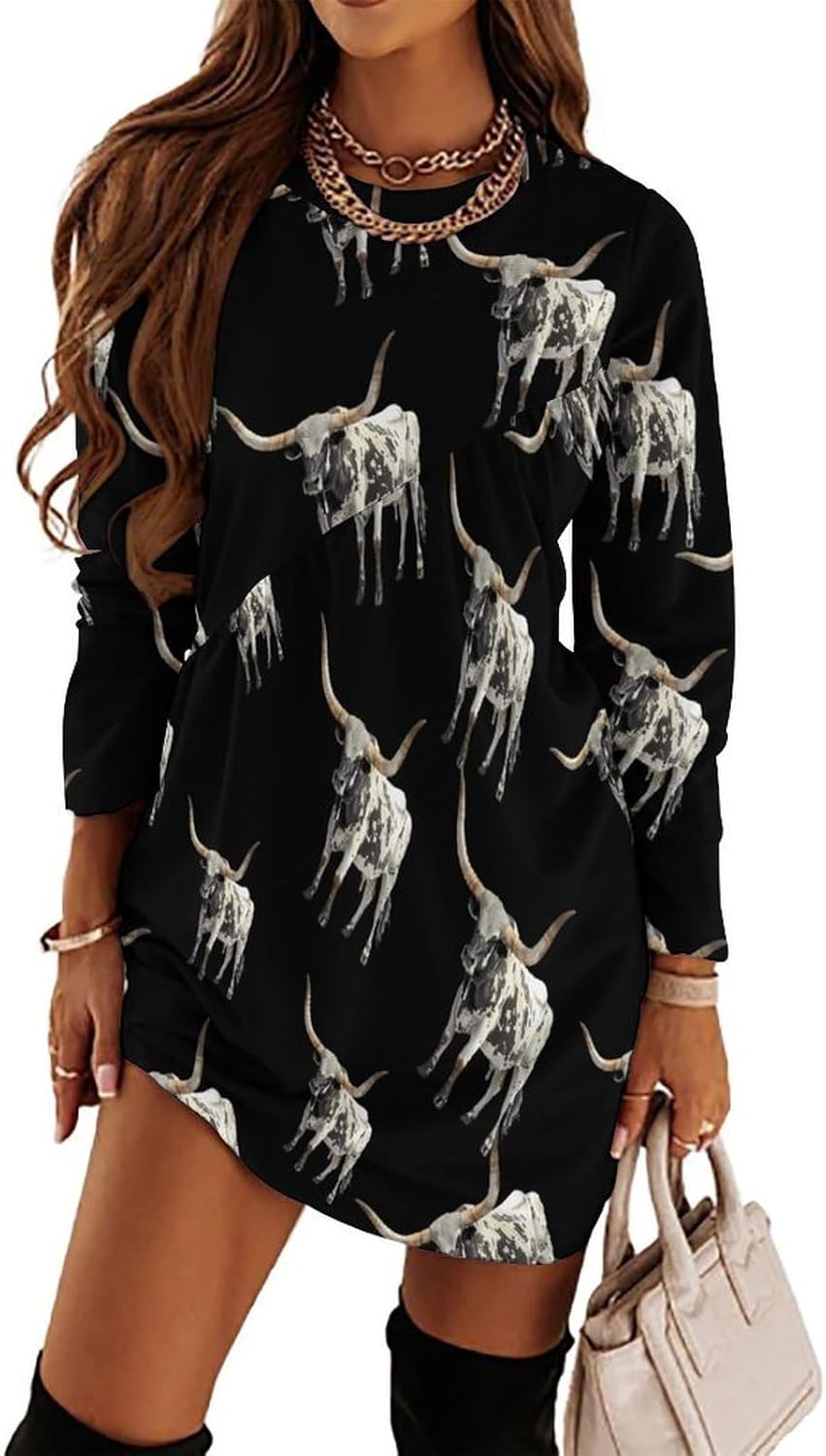 Longhorn Bull Women's Fleece Sleeve Sweatshirt Dress Long Pullover Casual Dresses