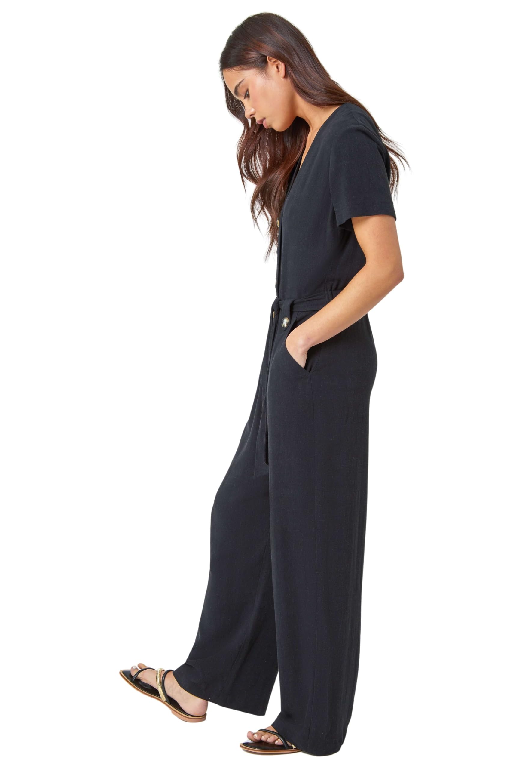 Roman Originals Women's Null Roman Petite Linen Blend Jumpsuit For Uk - Everyday Holiday Spring Summer V-Neckline Comfy Soft Evening Vacation Work Party - Petite Black - Size 16
