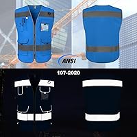 Vista 2 de TCCFCCT Chaleco de seguridad azul para hombres y mujeres, chaleco reflectante de alta visibilidad con 9 bolsillos para seguridad, chaleco de trabajo