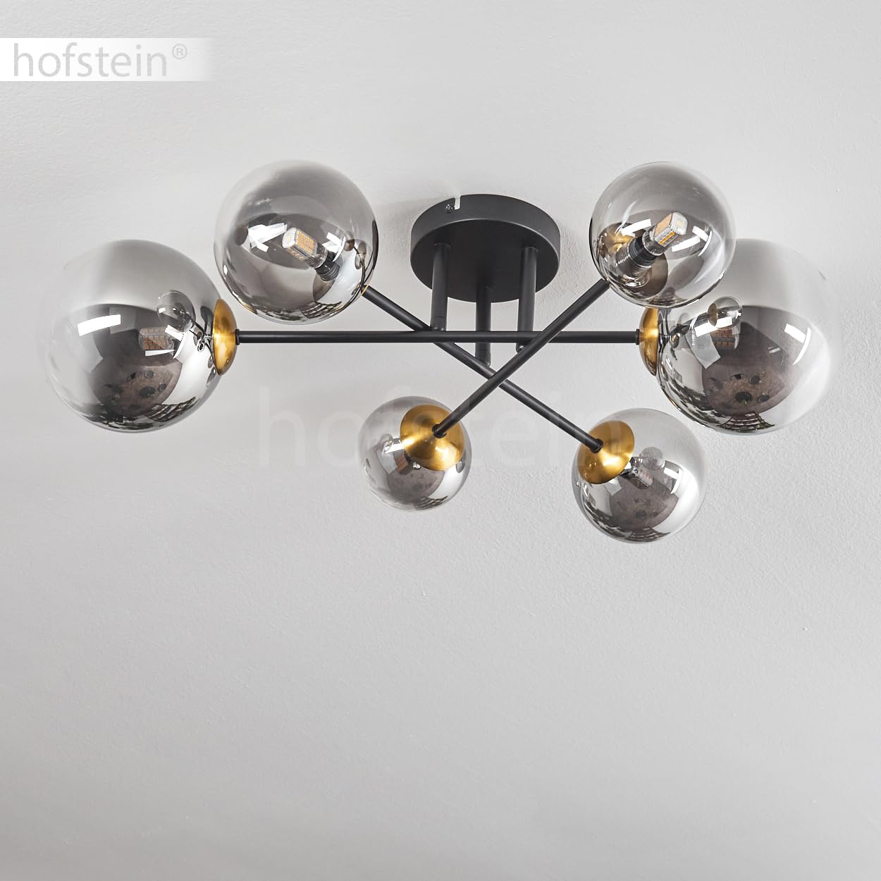 HOFSTEIN Deckenleuchte Chehalis, 6-flammige Deckenlampe aus Metall/Glas in Schwarz/Gold/Rauch/Klar, Leuchte im Vintage-Design, Ø Schirme 10; 12; 15 cm, G9, Esszimmer, Schlafzimmer, Wohnzimmer, Küche
