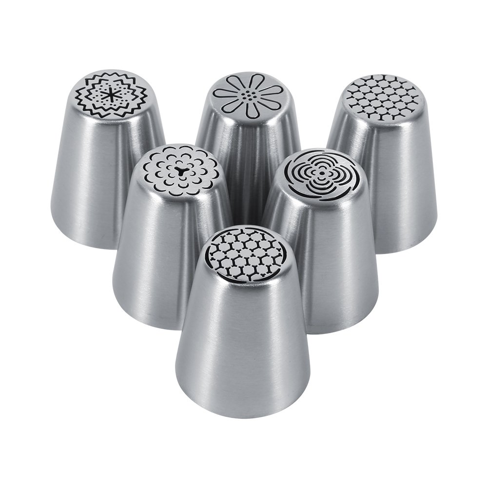 Sunicon Cake Piping Tips Set, 6PCS Stainless Steel Russian Piping Tips Nozzles Cake Piping Icing Nozzles Cake Decorating Tips Pastry DIY Baking Tools