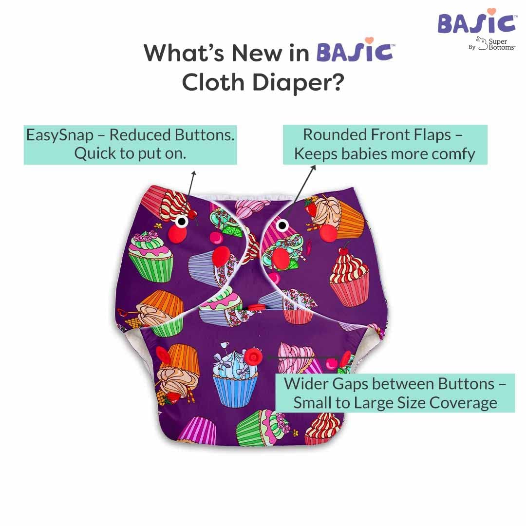 Superbottoms Basic Leakage-proof advanced cloth diapers for babies, High Absorbent 100% cotton 5 reusable diaper and 5 insert pad Combo Pack washable cloth diaper 3M -3Years Adjustable, Reduces Rash 4