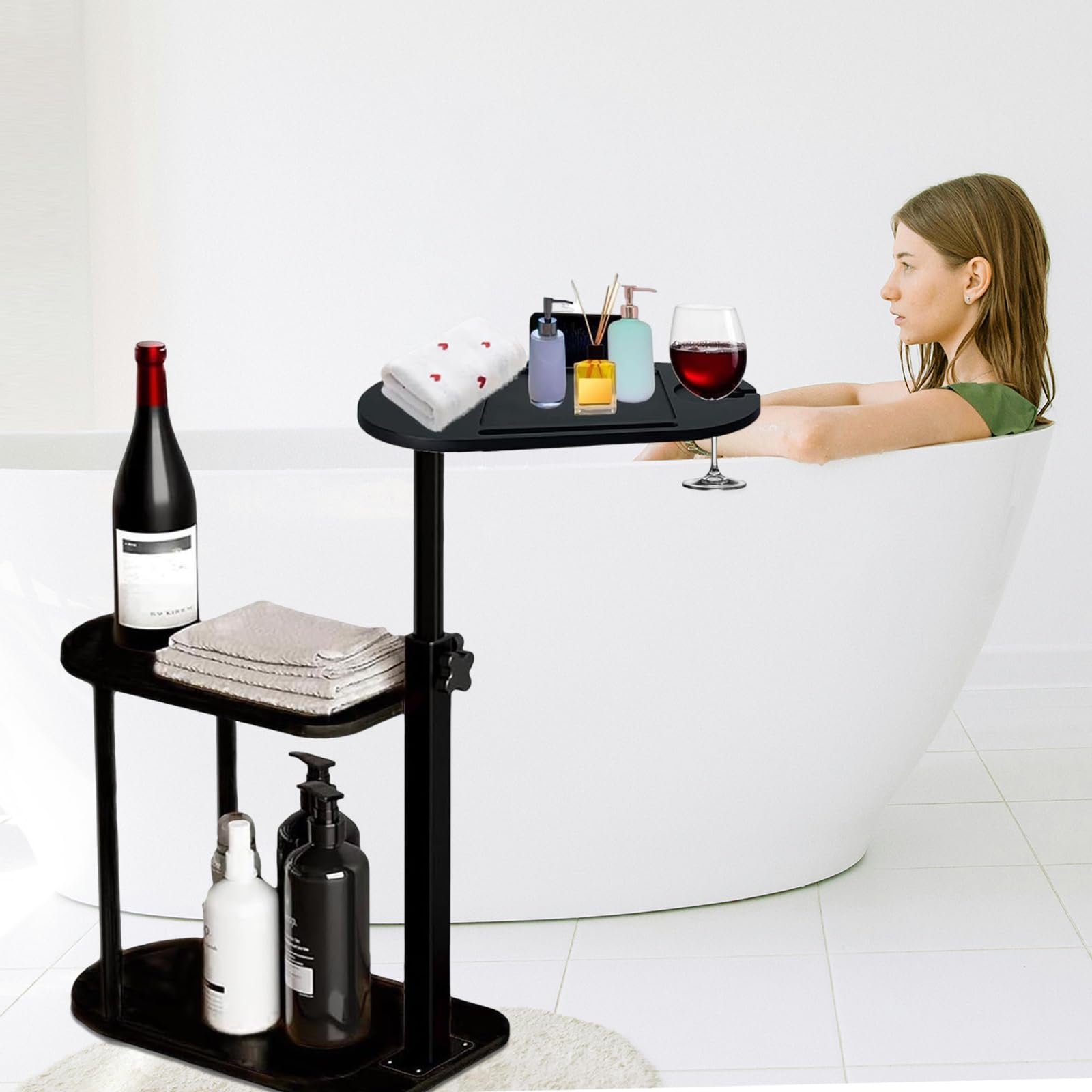 3 Layer Bathtub Tray Table,Bamboo Swivel Bathtub Side Table Height Adjustable,Freestanding Bathtub Tray for Tub Against Wall,Bathtub Accessories&Bathroom Organizer for Luxury Home Spa-Black