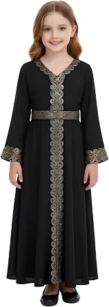 Kids Girl Muslim Abaya Dress Bell Sleeve Islamic Kaftan Eid Robe Maxi Muslim Ramadan Dress Dubai Arabic Belt Prayer Clothes
