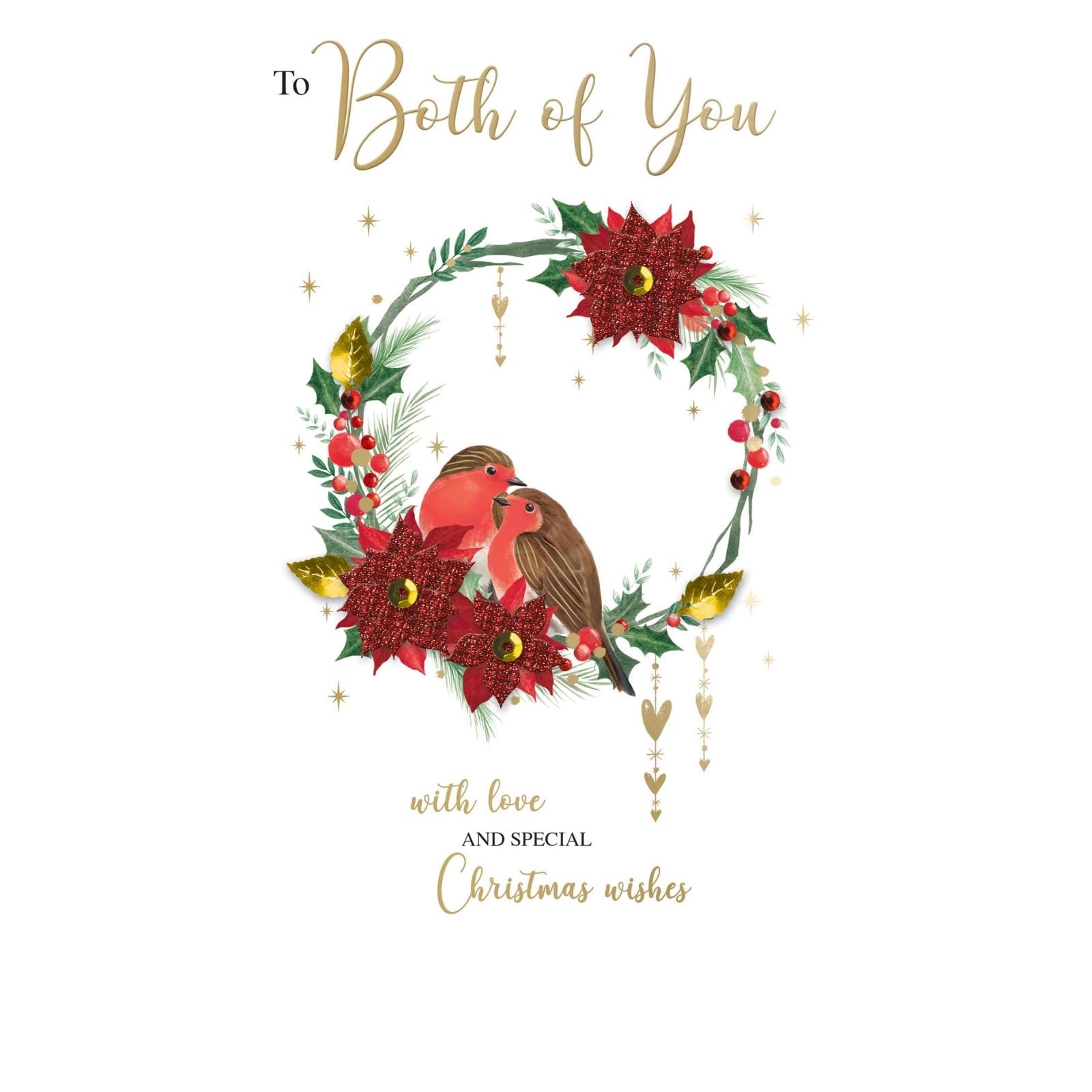 SECOND NATURE To Both Of You Christmas Card Hand-Finished Embellished Pair Of Robins Design - Champagne Foil, Gems, Red Envelope Included, Couple Xmas Card, Keepsake, Embellishments