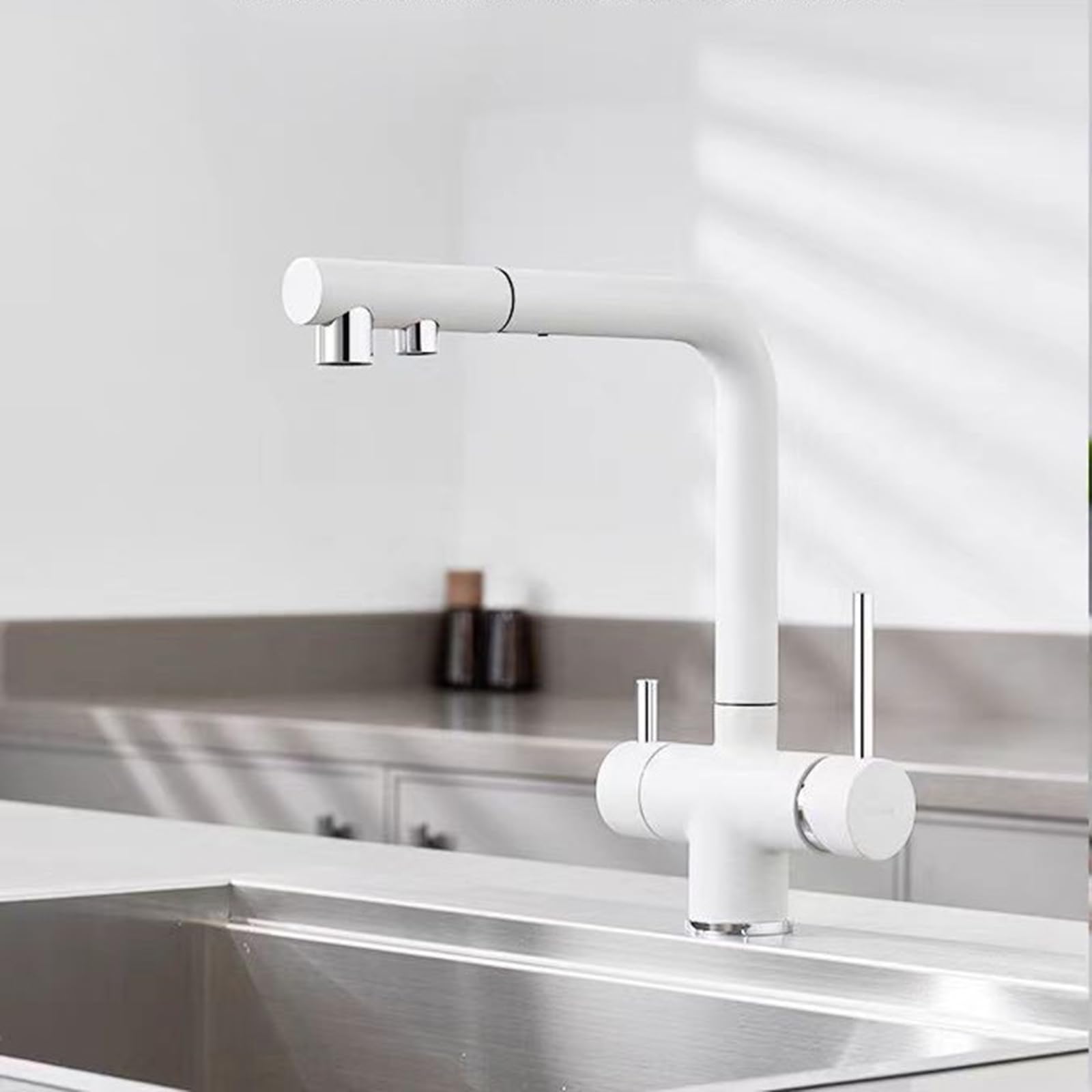 ZYCHSJXA 3 Way Pull Out Kitchen Tap White Brass Rotating-White