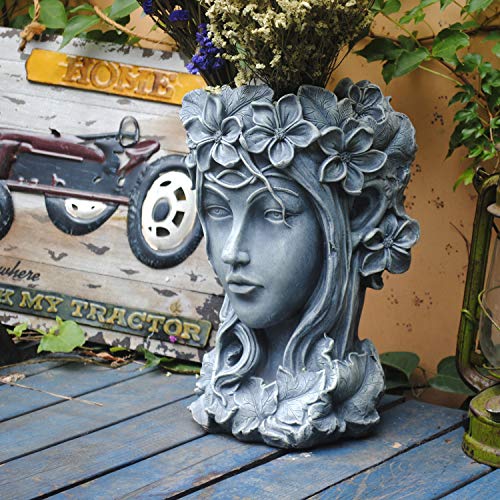 Sungmor Creative Goddess Head Planter Statue For Garden Ornaments | 9×9×14 Inch Premium Resin | Cool Face Large Diameter Flower Pot For Patio Lawn Garden Yard Decor #TOP1