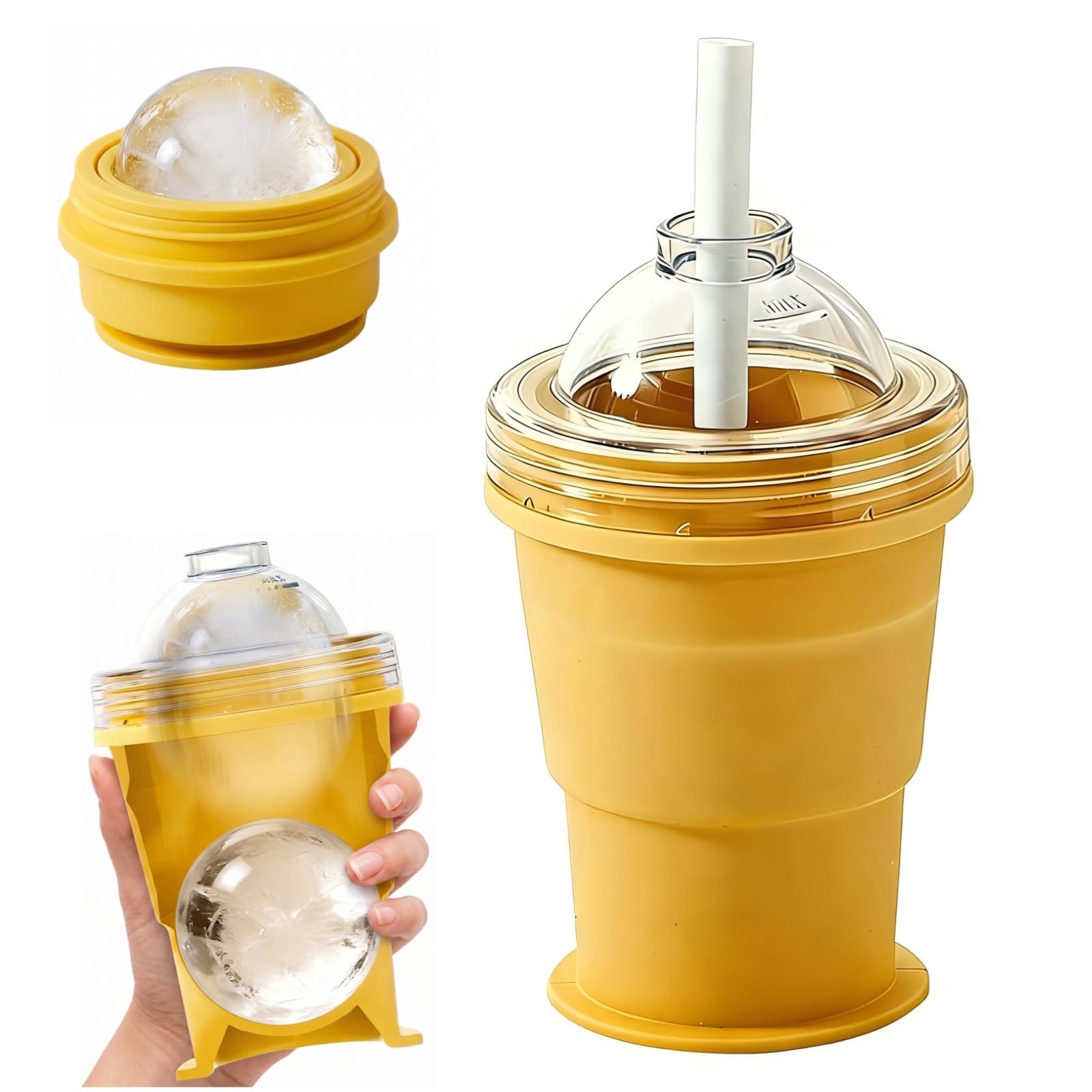 Photo 1 of Round Ice Cube Mold?2-In-1 Collapsible Silicone Ice Ball Cup - Whiskey Big Ice Cube Molds Bottle - Leakproof Ice Cube Drink Container For Juice Home Whiskey Iced Coffee