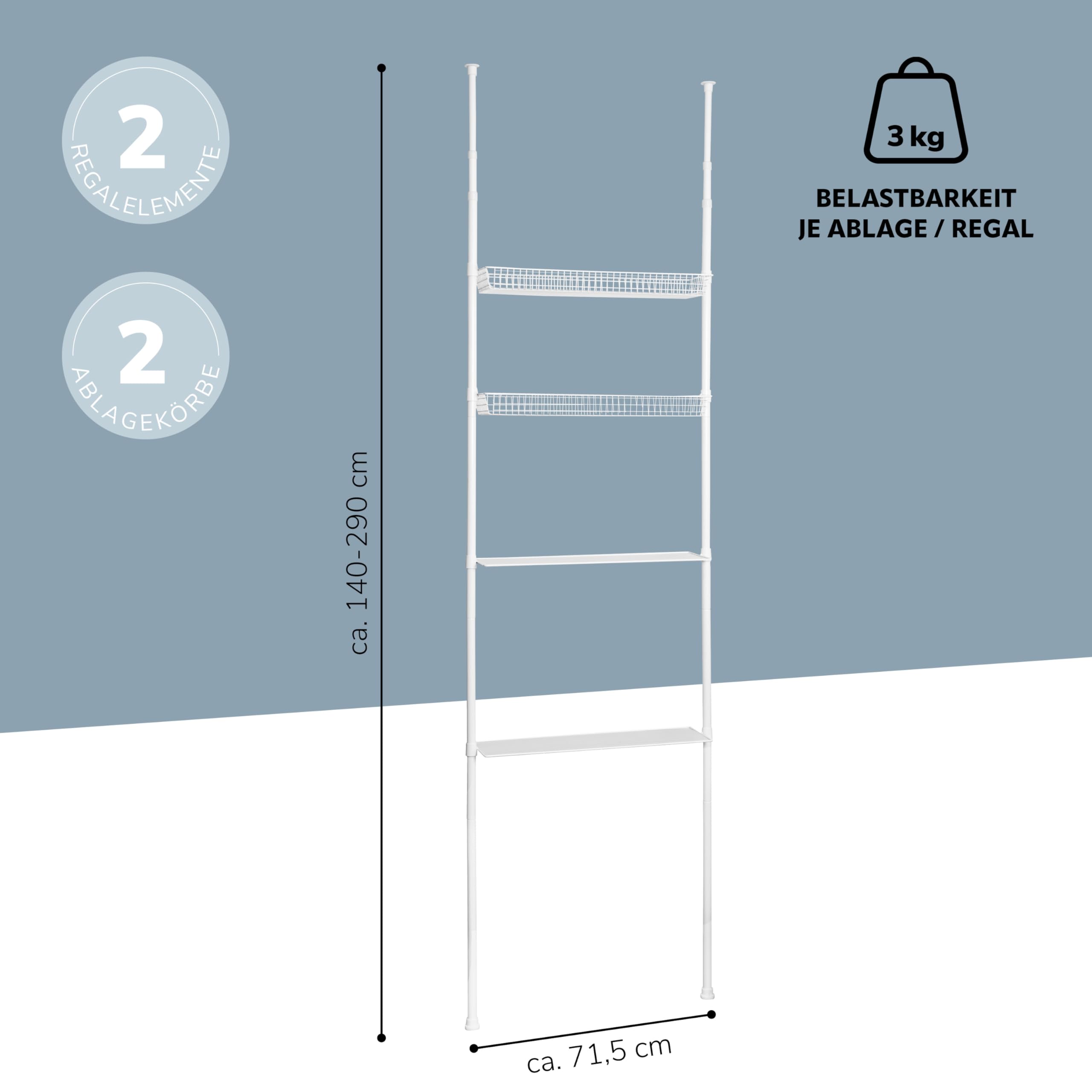 bremermann Teleskop-Regal mit 2 Körben 2 Ablagen, Badregal, Waschmaschinenregal, Allzweckregal für viele Wohnbereiche geeignet, Teleskop-Stange höhenverstellbar bis max. ca. 290 cm (Weiß)