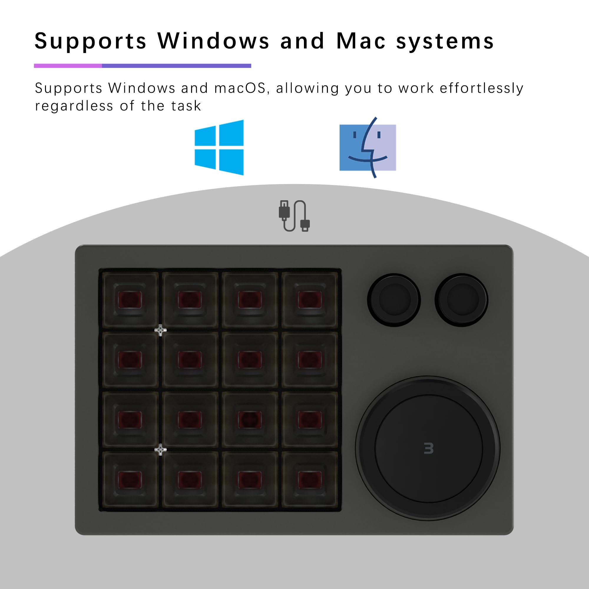 Clavier macro programmable, clavier programmable avec triple bouton 16 touches et écran, clavier de jeu à une main pour iOS, Windows (blanc)