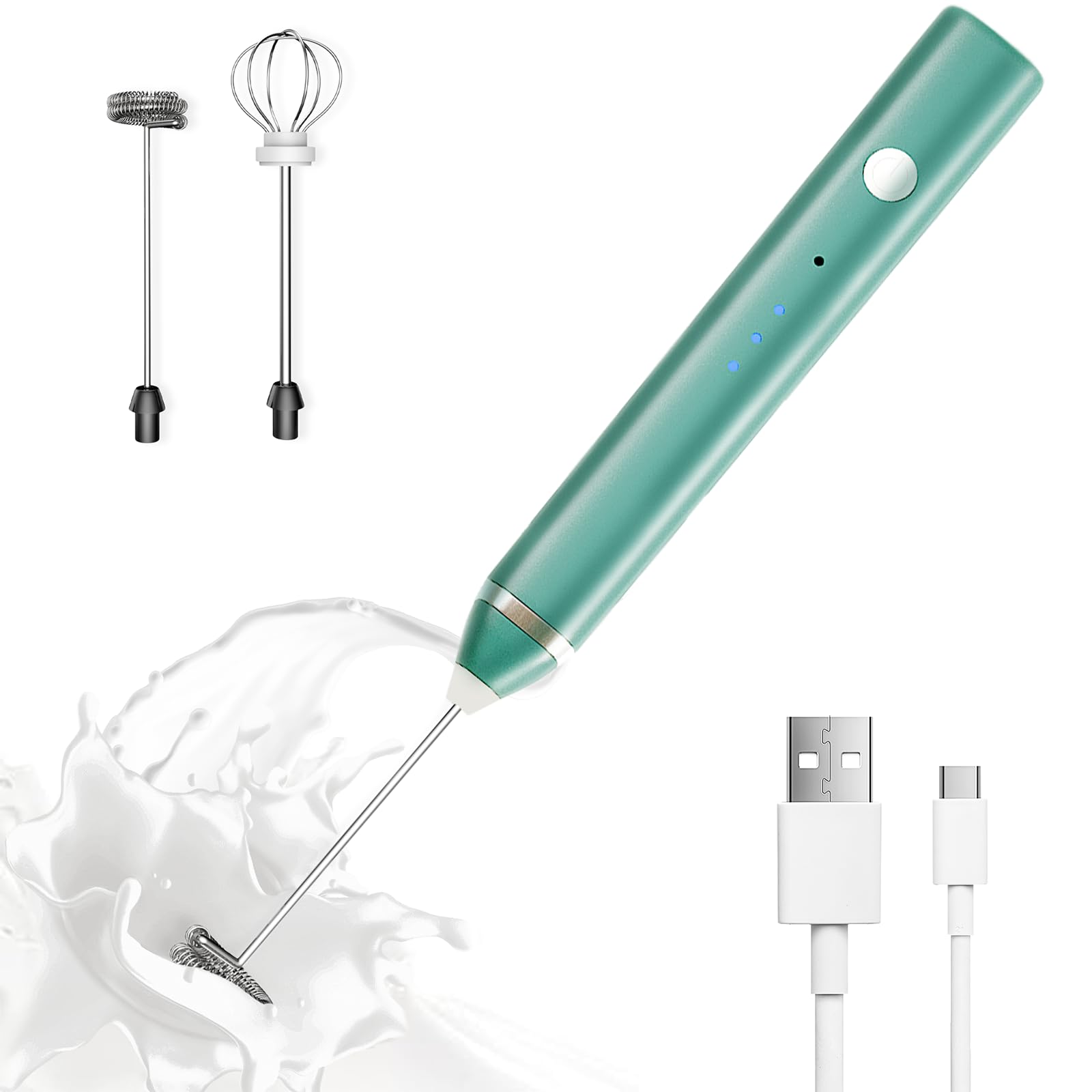 Milk Frother Rechargeable Handheld Electric Whisk Coffee Frother Mixer with 3 Stainless whisks 3 Speed Adjustable Foam Maker Blender for Coffee Matcha Latte Cappuccino Hot Chocolate（Green)
