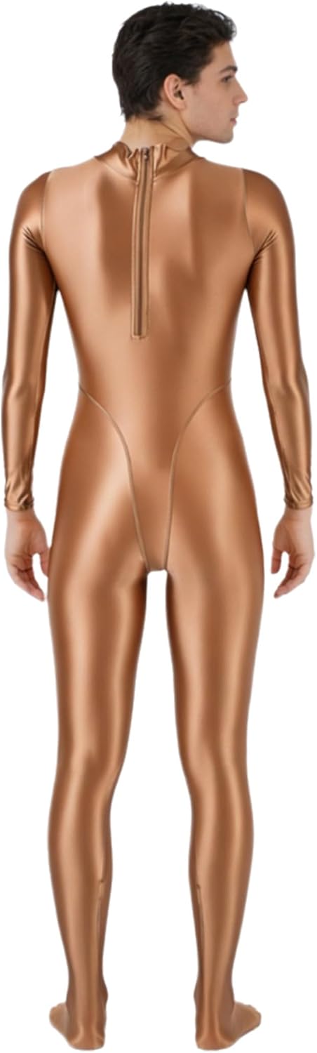 Jhaoyu Mens Solid Color Glossy Gymnastics Unitard Long Sleeve Back Zipper Footed Leotard Sportwear