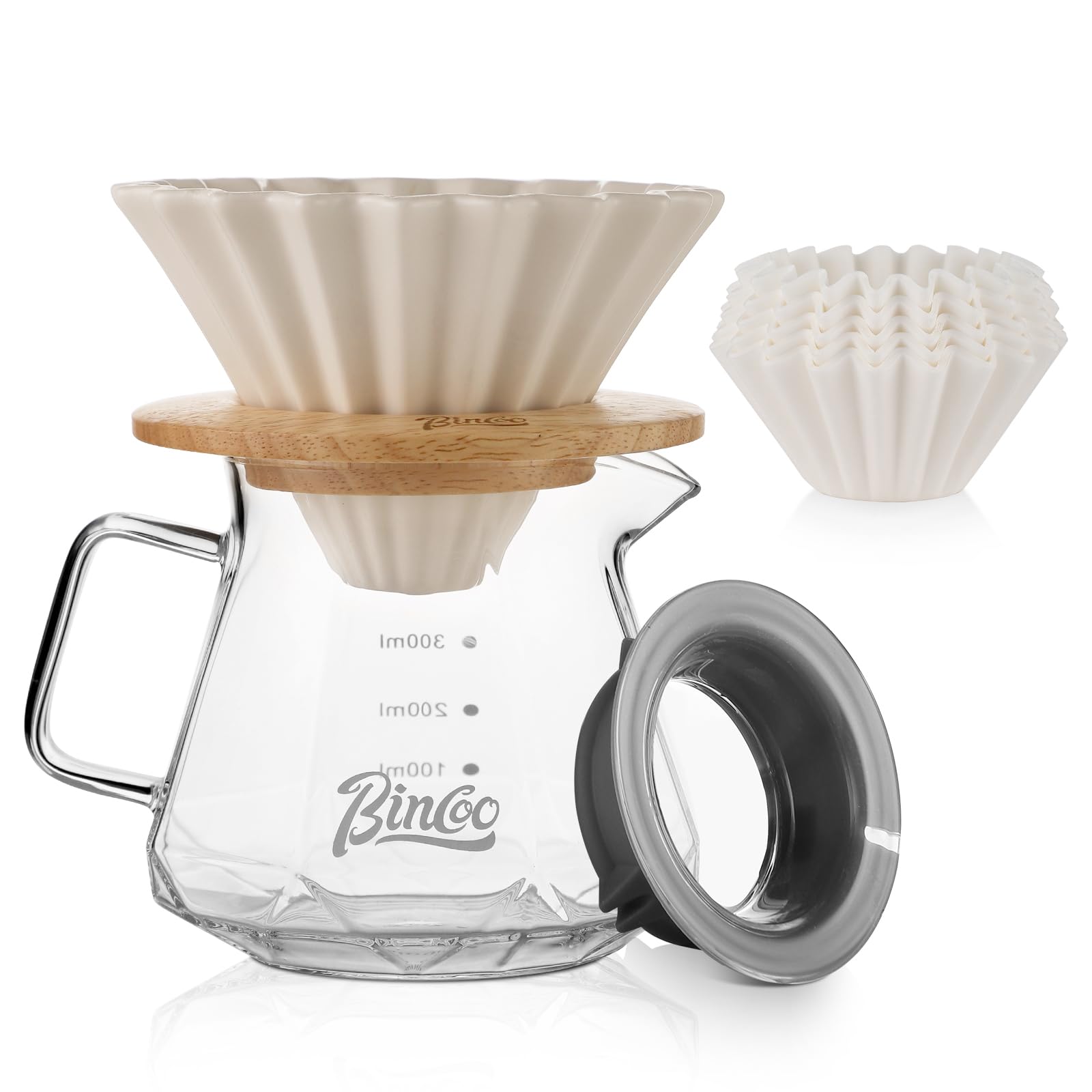 Bincoo 400 ml Kaffeebereiter-Set mit Keramik-Kaffeetropfer und Holzständer, 1–2 Tassen, Übergieß-Kaffee Brühwerkzeug