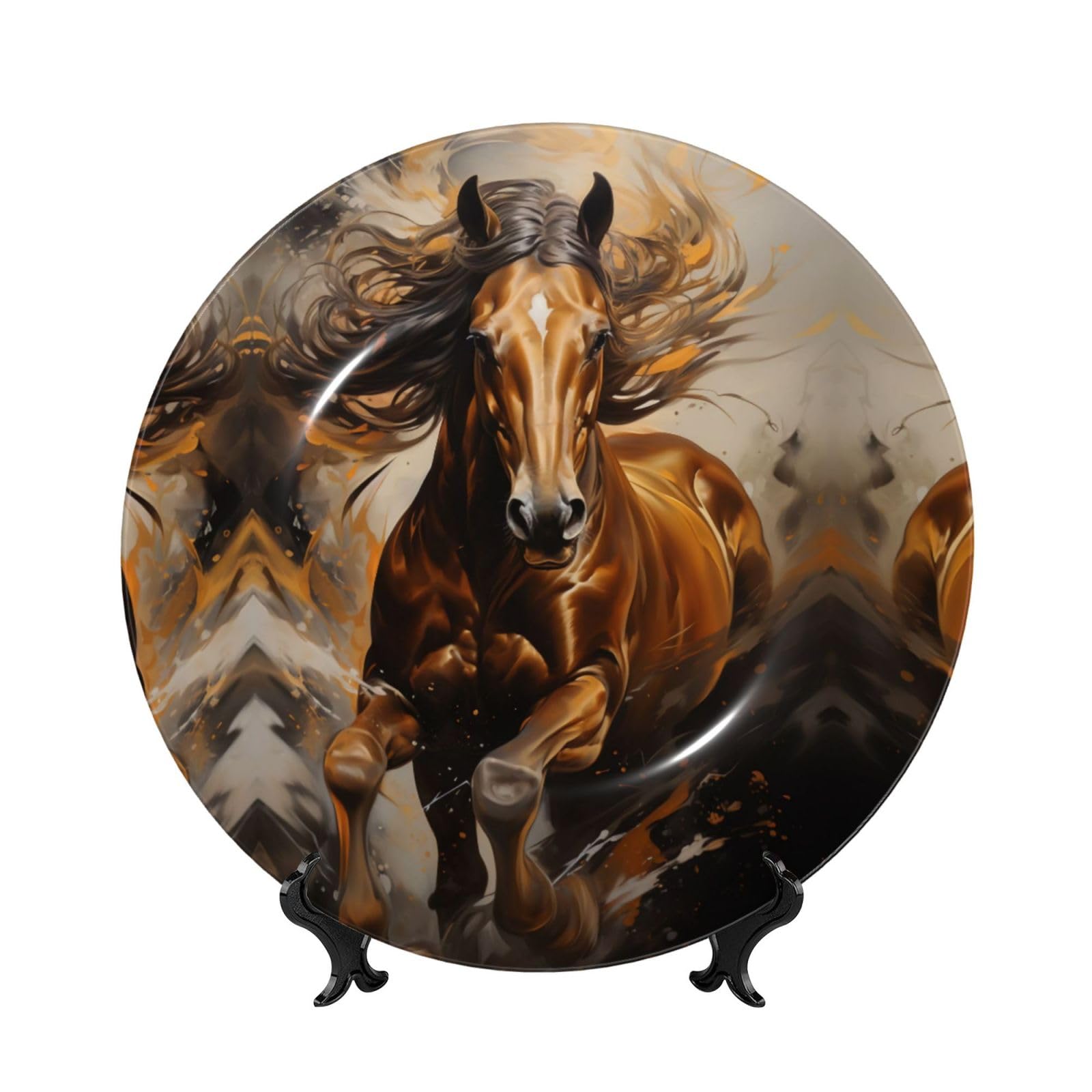 SXZVVBN Running Brown Horse Bone China Decorative Plate Art with Stand Removable Adhesive Hanging for Home Office 7in