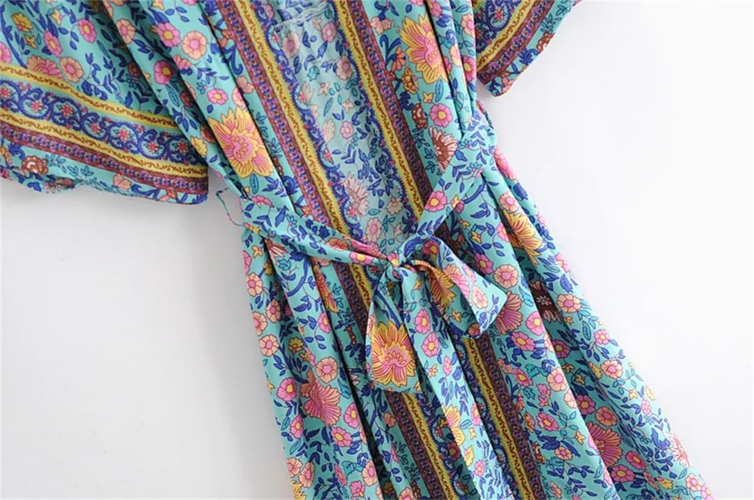 Disimlarl Bata kimono bohemio con estampado floral para mujer, manga de murciélago, para playa, fajas de rayón, verano, bikini, para ropa de playa