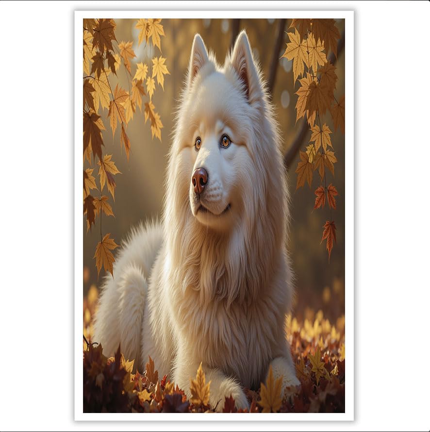 Póster de Samoyedo adorable en lienzo otoñal para un dormitorio acogedor