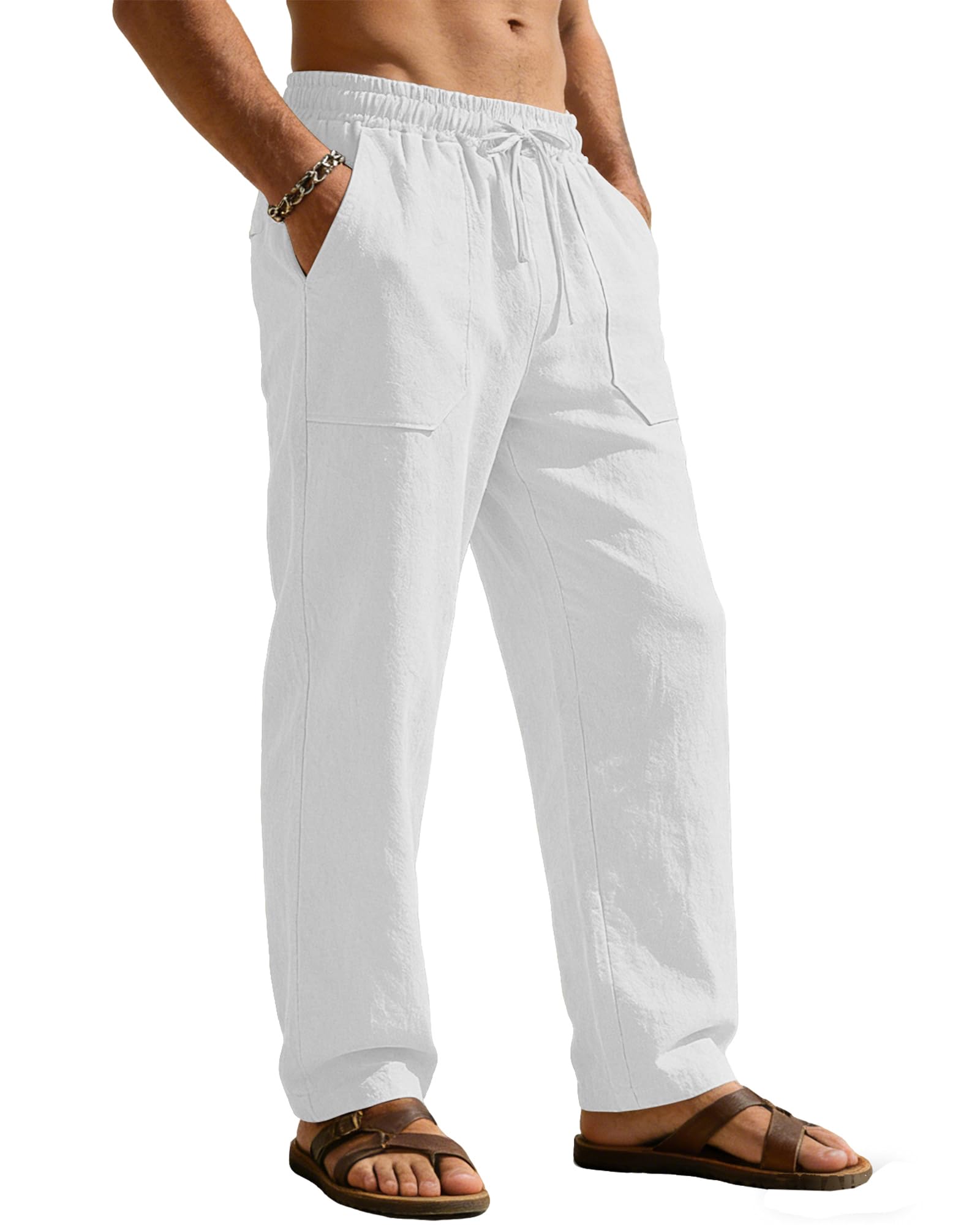 Pantalon Coton Lin Homme Décontractés de Plage Léger Été Casual Yoga Pants avec Cordon Elastique S-2XL