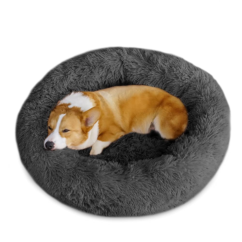 Timormode Calming Dog Beds for Small Medium Large Dogs, Washable Donut Dog Bed Cuddler with Soft Fluffy Cushion, Round Plush Cats Dogs Pet Bed Dark Grey L (80cm)