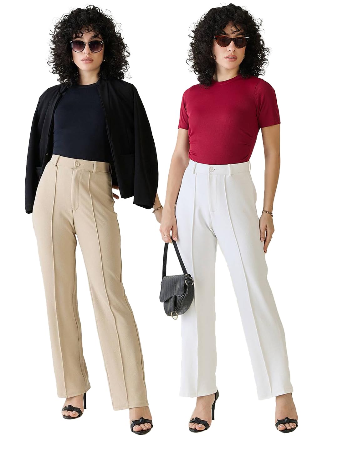 KOTTY Women's Formal Wear Pant Combo Pack of 2 High Waist Straight Fit Office Wears Trousers For Women