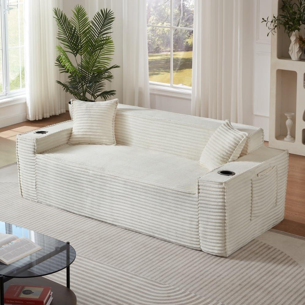80.7" Boneless Couches, Corduroy Deep Seat Oversized Cloud Couch, 3 Seater Sofa with Cup Holders, Side Pockets & 2 Throw Pillows for Living Rooms, Apartments and Offices (White)