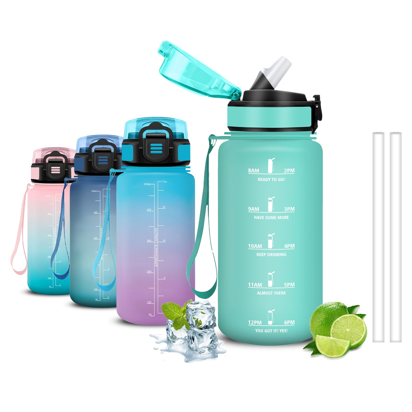 Mujigaga Borraccia- 0,5 litri- Borraccia Bambini, Borraccie con Cannuccia, Senza Perdite, Borraccie Motivazionale, Facile da Pulire, Con Chiusura di Sicurezza, per Sport, Ufficio, Corsa, Nuotare