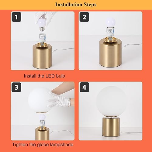 Miniatura 7 de Lámpara de mesa moderna de globo dorado de mediados de siglo, lámpara de mesita de noche redonda con pantalla de vidrio blanco, base de metal,