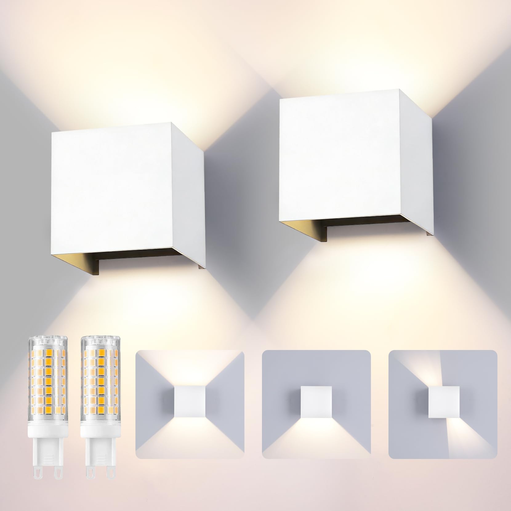 Applique da Esterno con 9W 4000K Bianco Naturale G9 Sorgente Luminosa Sostituibile Applique da Parete Interno IP65 Impermeabile Lampade da Esterno Angolo del Fascio Regolabile【2 Pezzi Bianco】