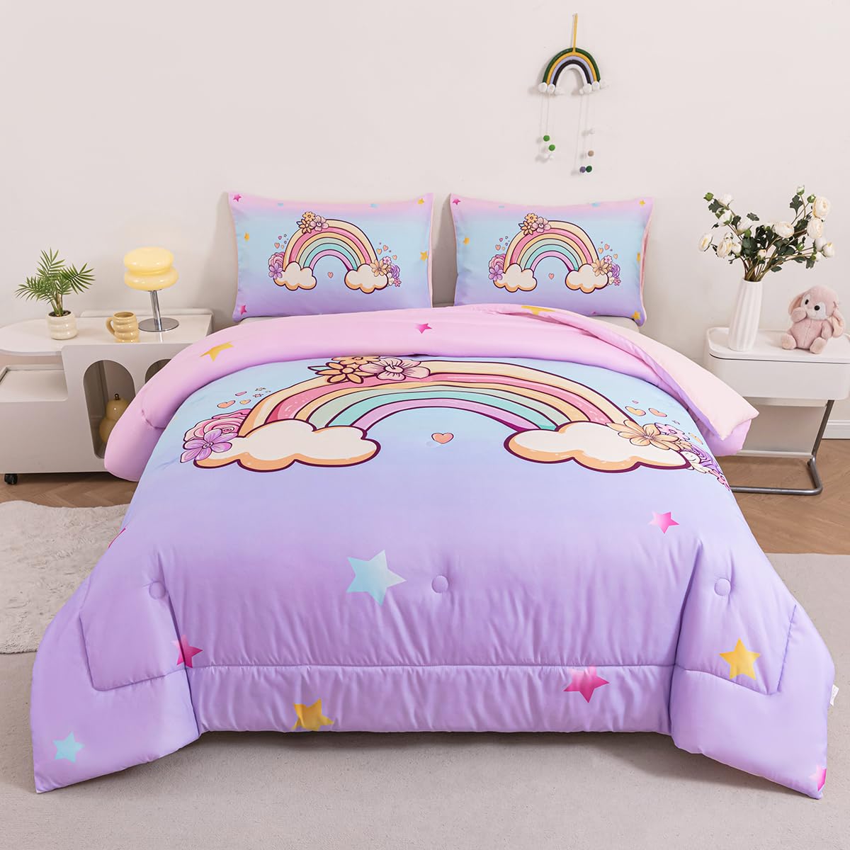 ZSYAYAHA Twin Bed Sets for Girls 3 Pieces Kids Rainbow Comforter Set Cute Pink Purple Rainbow Twin Bedding Set