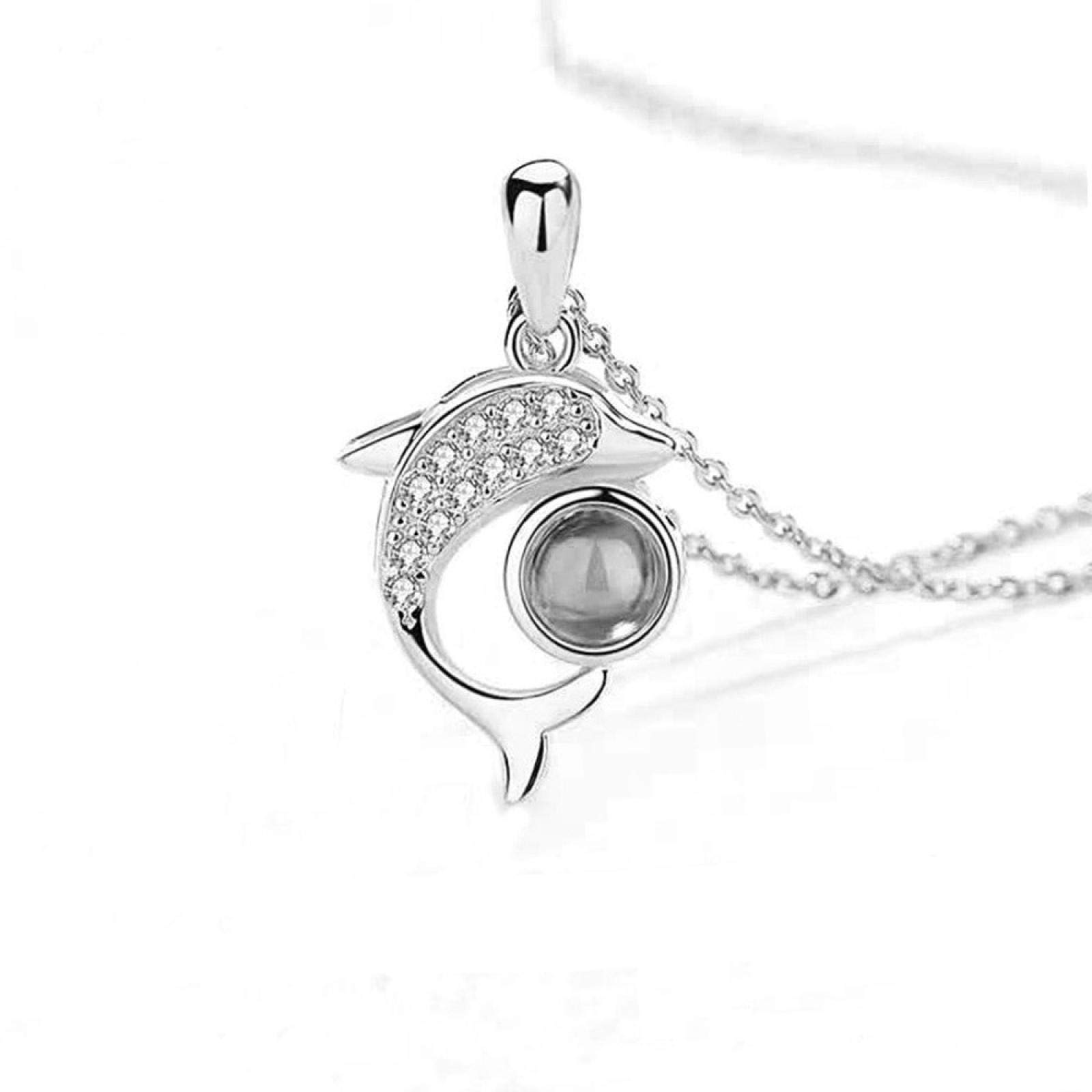 dingtian Women Bead Charms Silver Plated Rose Gold Color 100 Languages I Love You Projection Pendant Necklace Dolphin Necklace for Women Lover Memory Gift RhodiumPlated