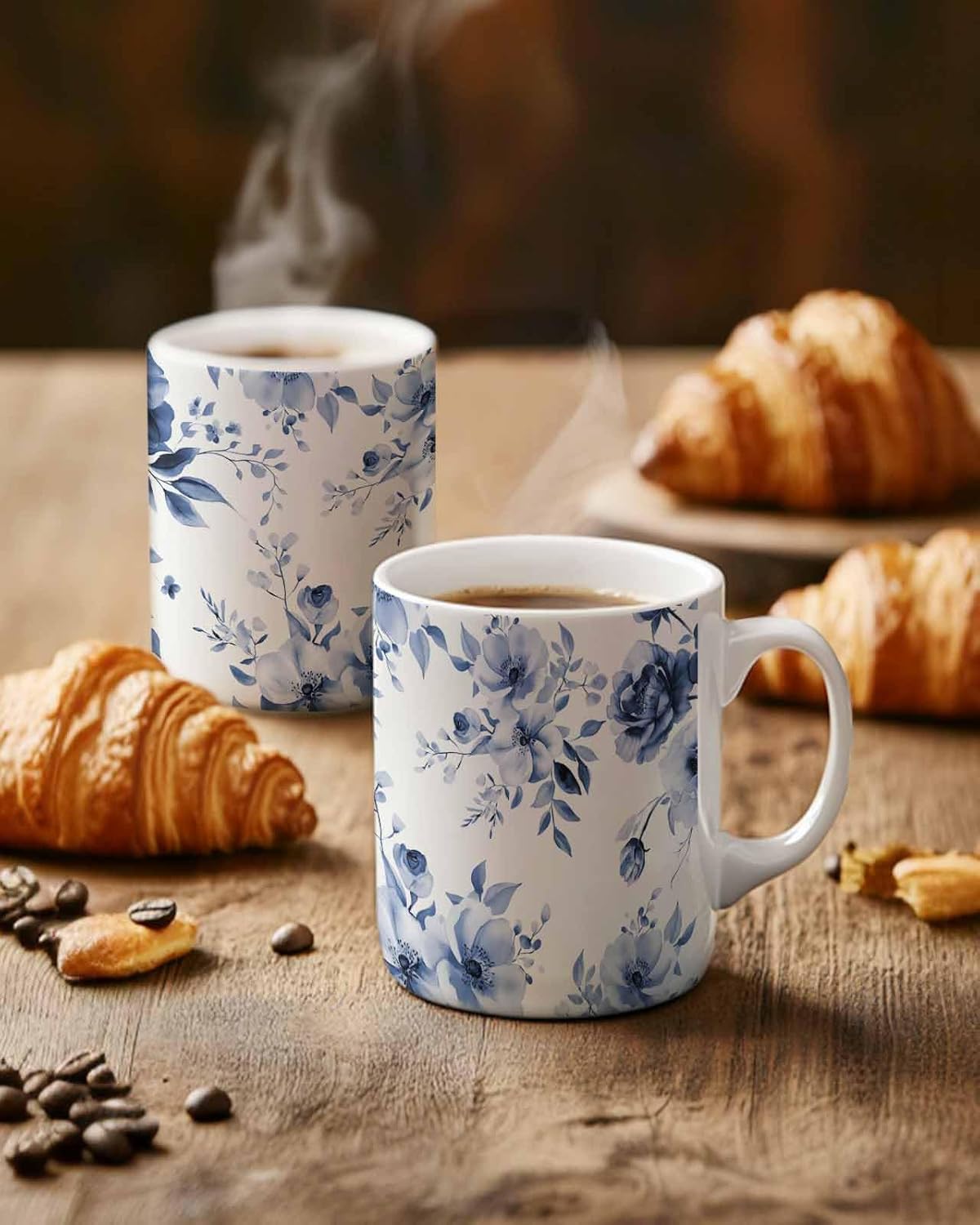 BEMIGO Ceramic Coffee Mug Blue Floral Ceramic Mug White Cup, Elegant Watercolor Flower Insulated Coffee Cup with Handle with Pattern Perfect for Tea and Hot Beverages, 12oz