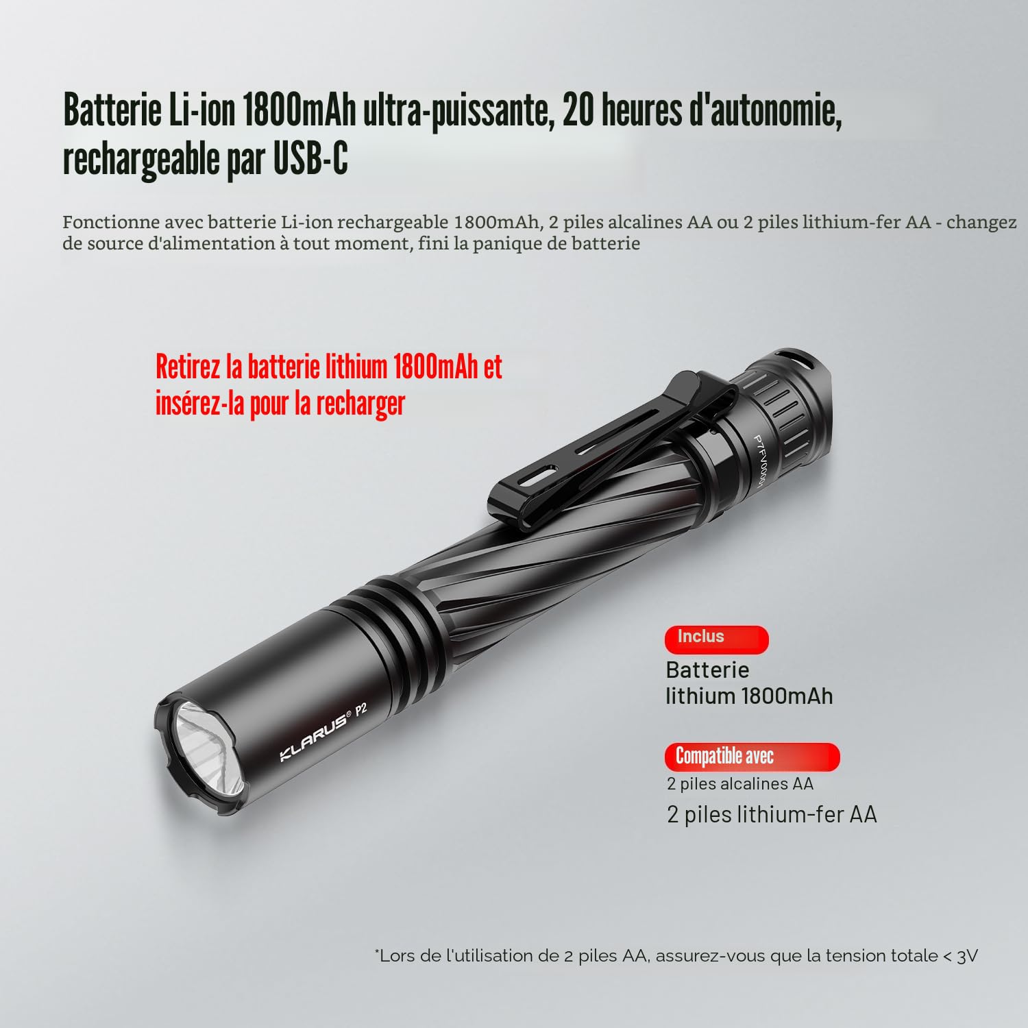 KLARUS P2 Lampe stylo 1 000 lumens, portée de 270 mètres – 2 piles AA ou USB-C rechargeables (piles incluses), étanche IPX8, lampe torche EDC compacte pour la poche