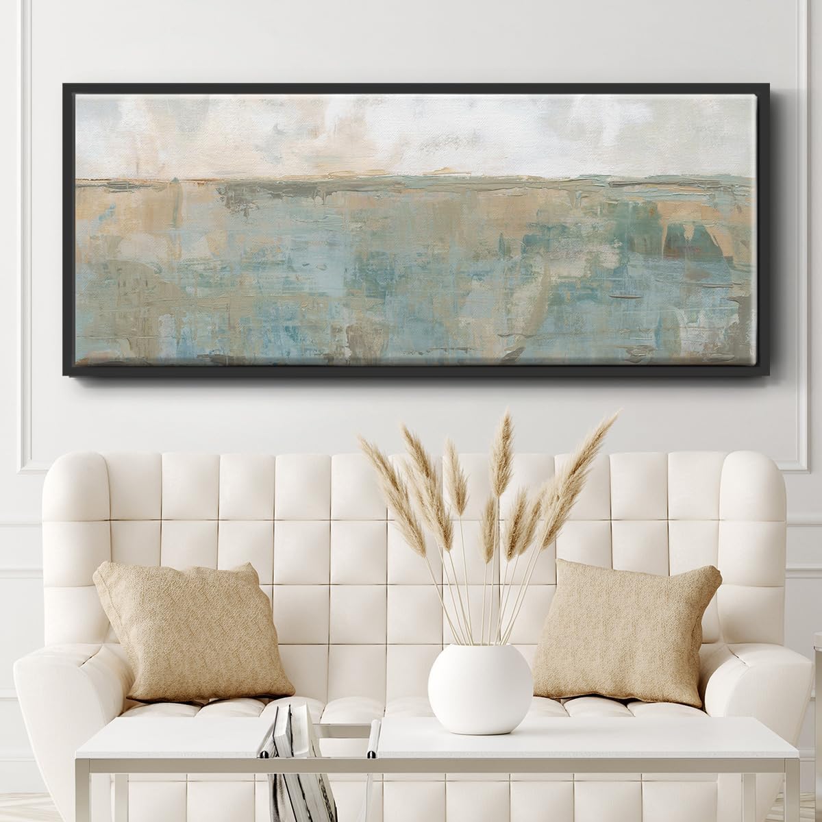 Renditions Gallery Abstract Art Work Home Decor Distant Fields Floater Framed Canvas Wall Art Paintings for Lounge Office Kitchen - 24"X60" BLACK Frame -034