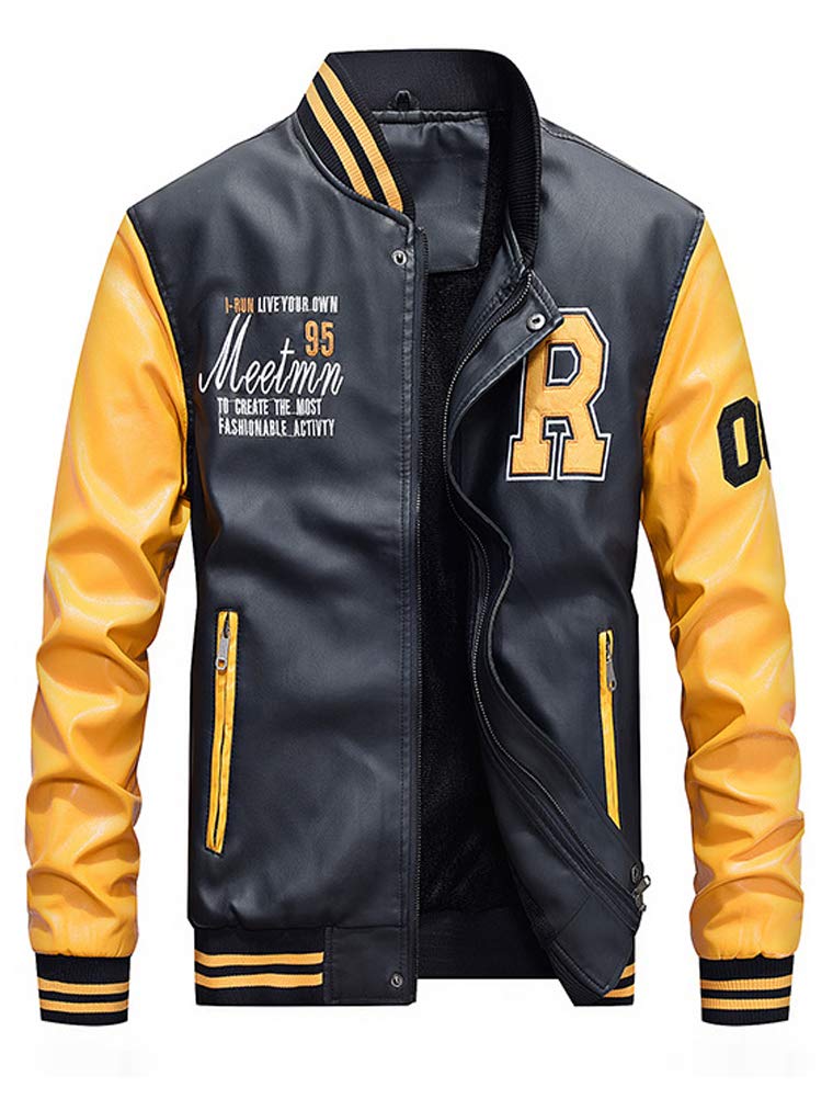 KJHSDNN Men's Baseball Varsity Jacket PU Leather Waterproof Casual Flight Bomber Coat