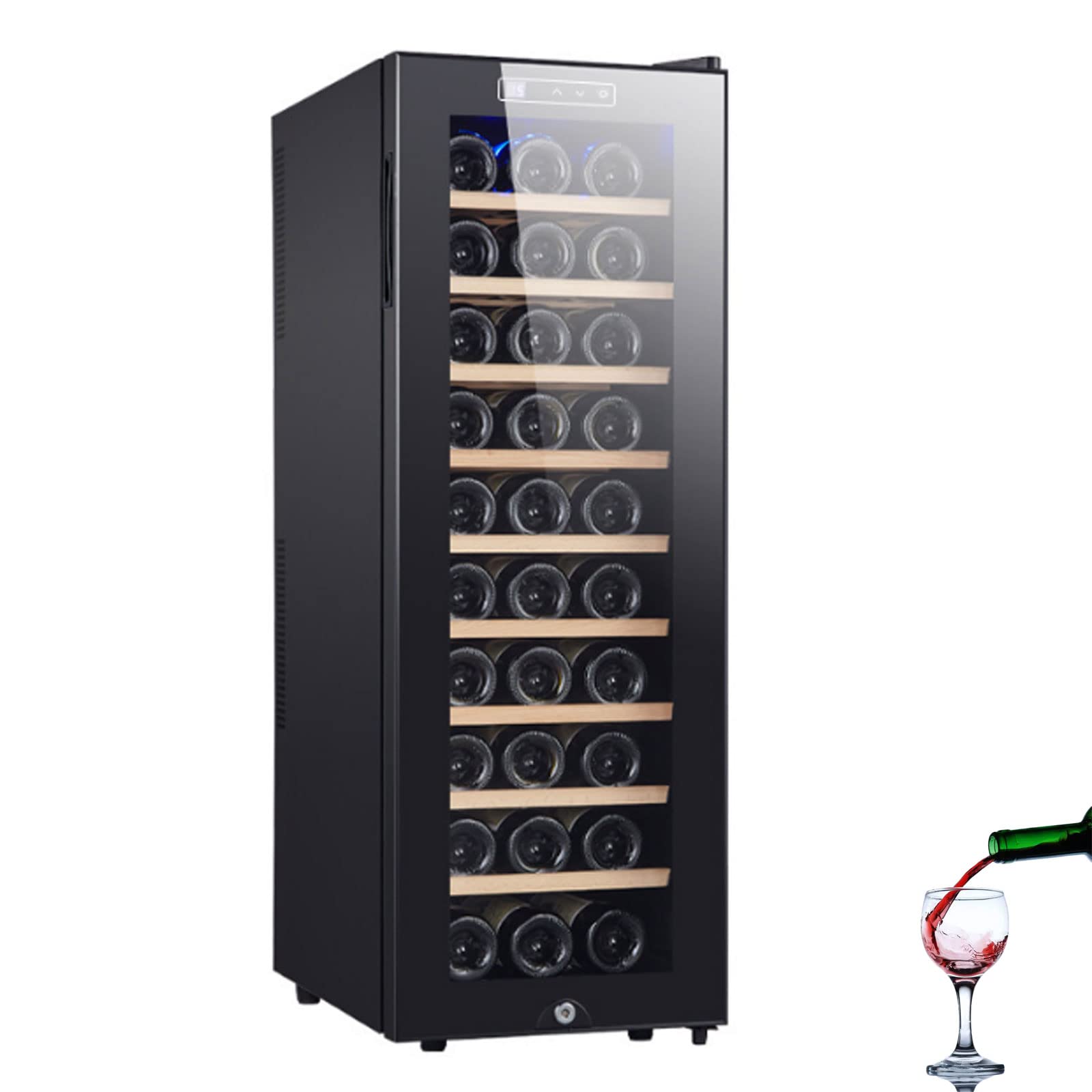 Nevera para Vinos, Temperaturas de 11 a 18 °C, Enfriador de Vino de Diseño, Especialmente para Vino Tinto, Control de Temperatura Digital, Iluminación LED, hasta 30 Botellas, 90 L,Style 3