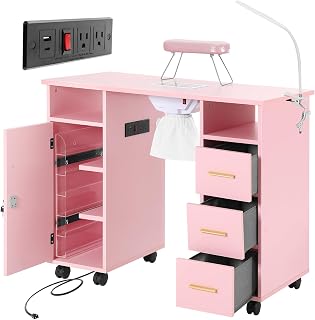 Pink Nail Desk Manicure Table with Dust Collector, LED Lamp, Lockable Wheels, 3 Drawers, Cabinet, Glass Shelves & USB Charging – Nail Tech Desk with Hand Rest & Power Outlets for Salon or Home