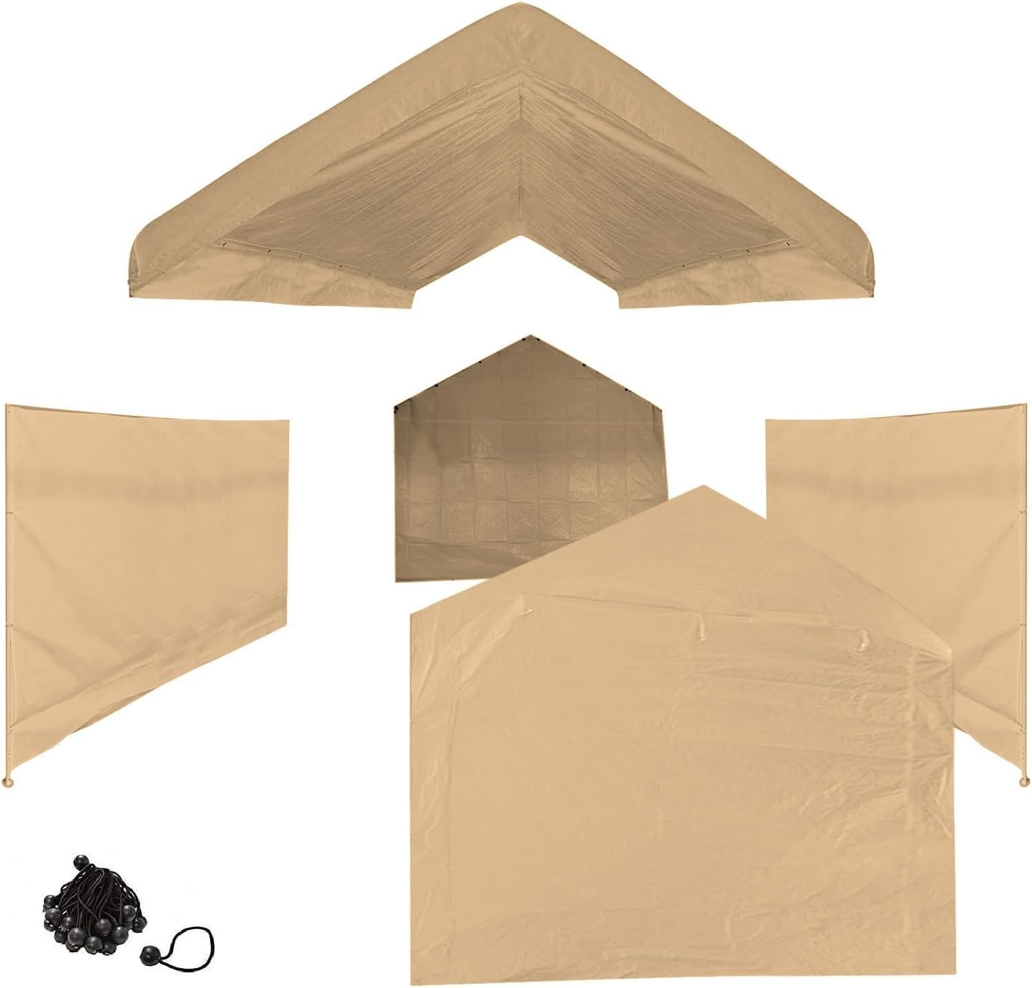 10'x20' Tan Canopy Carport Cover Set with Valanced Top All 4-Side Walls and Top (5 Pcs Tarps Set, No Frame)