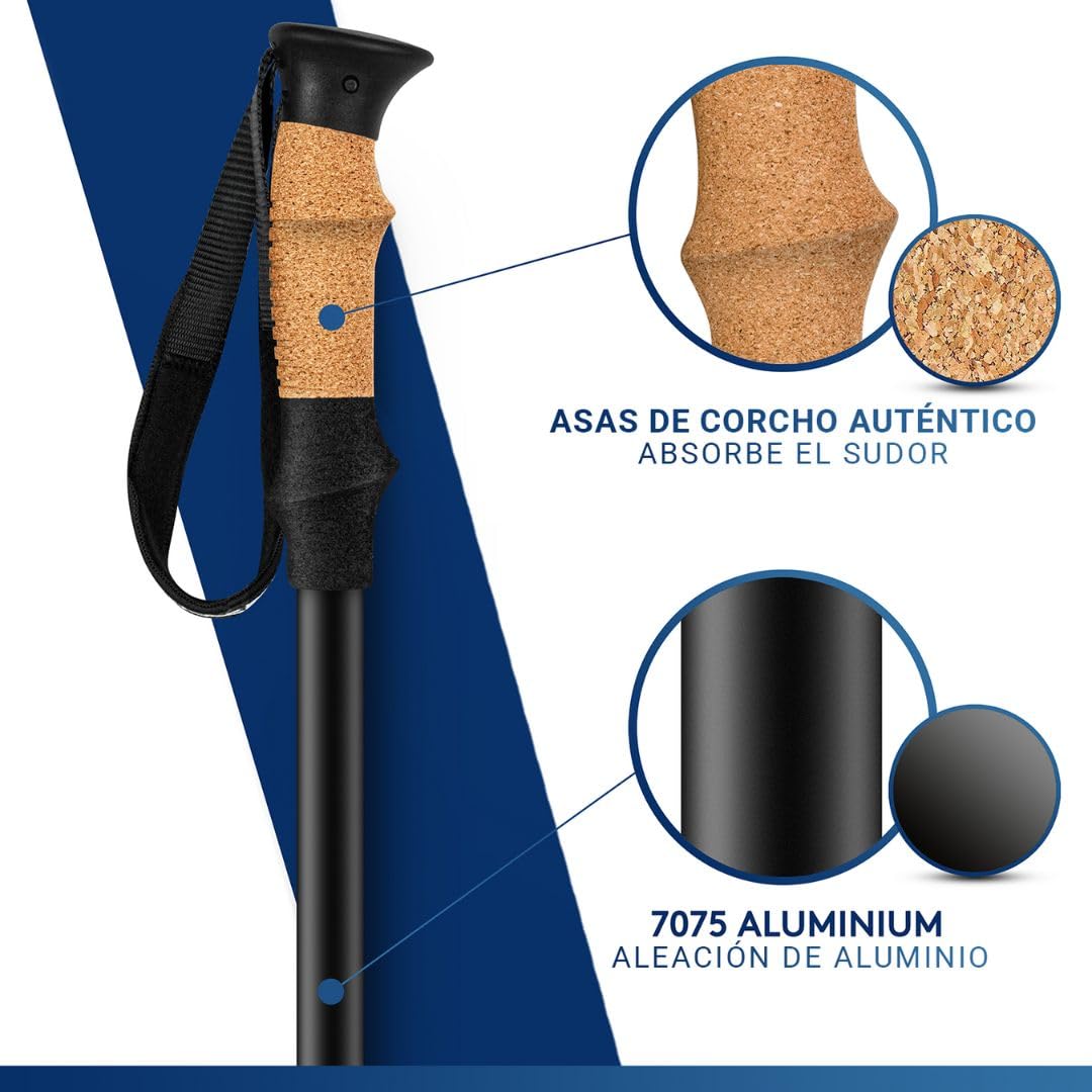 Bastones de Senderismo y Bastones de Marcha nórdica – Bastones de Senderismo telescópicos con Juego de topes de Goma – Bastones de Trekking para Hombre y Mujer – Extra Ligero y Ajustable con Mango de