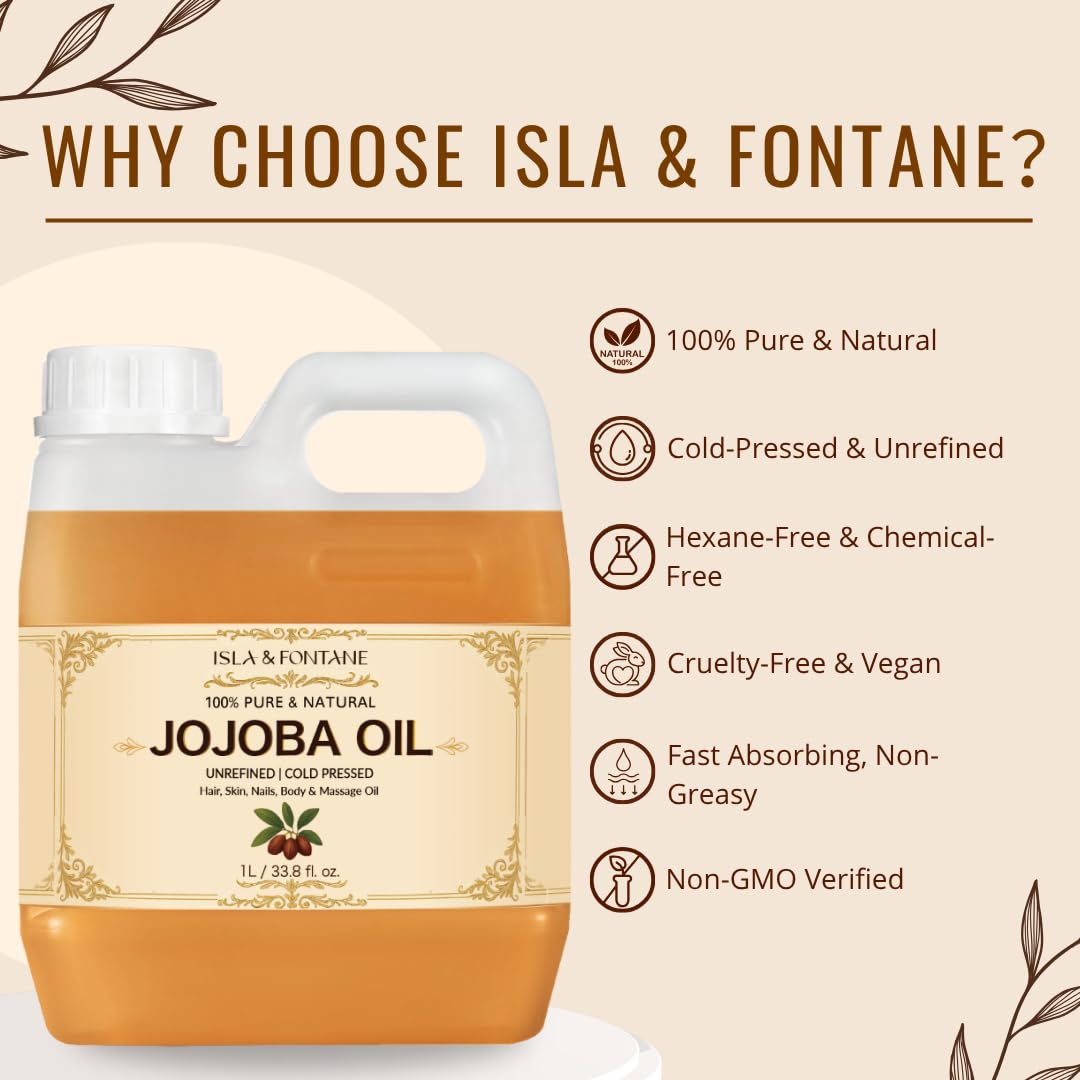 ISLA & FONTANE Jojoba Oil – 1L (33.8 fl oz) | 100% Pure & Natural | Golden, Unrefined, Cold Pressed | Hexane-Free Carrier Oil for Skin, Hair, Face, Nails & Body Moisturizing - Image 2