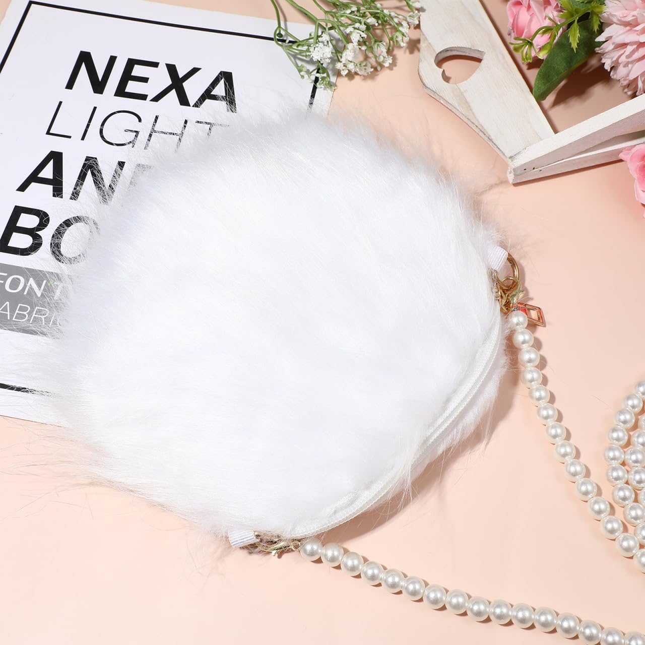 VICASKY White Pearl Purse Cute Crossbody Small Mini For Women Wristlet Bag Little Girls Cross Body Bow Dressy Crossbody Bag Plush Pearl Chain Cellphone Small Fuzzy Shoulder Pouch - Image 8