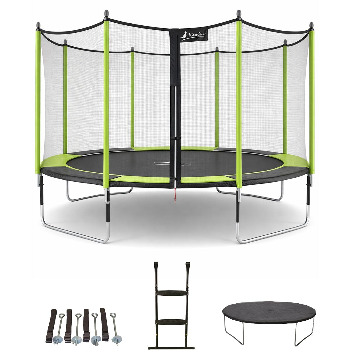 KANGUI Trampoline de Jardin Ø 430 cm JUMPI Pop – Filet de Sécurité, Échelle PVC, Bâche & Kit d'Ancrage – Trampoline Extérieur Enfant – Noir et Vert
