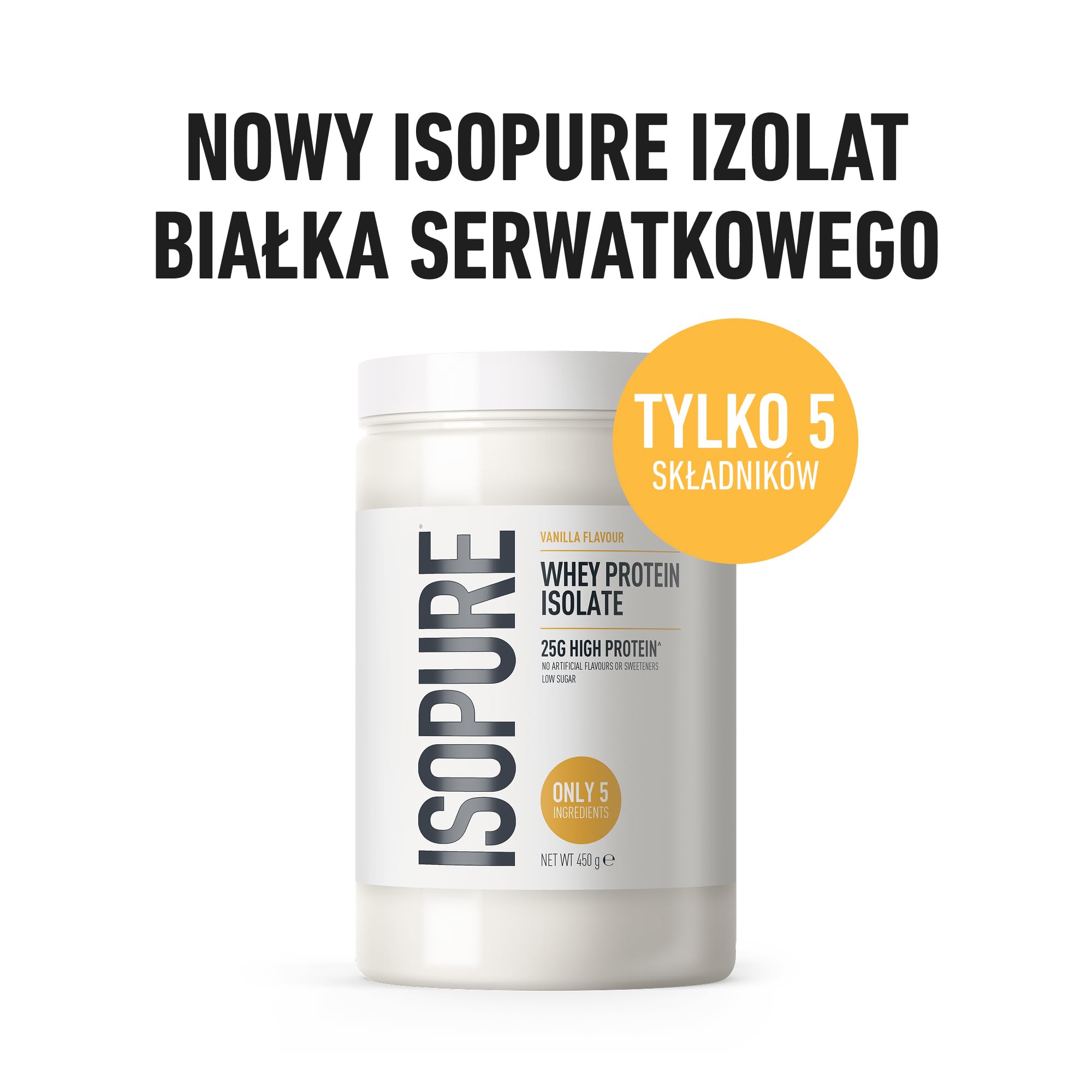 Isopure Waniliowy Izolat Białka Serwatkowego, Wysoka Zawartość Białka 25 g na Porcję, Niska Zawartość Cukru, Bez Sztucznych Aromatów i Słodzików, Tylko 5 Składników, 450 g